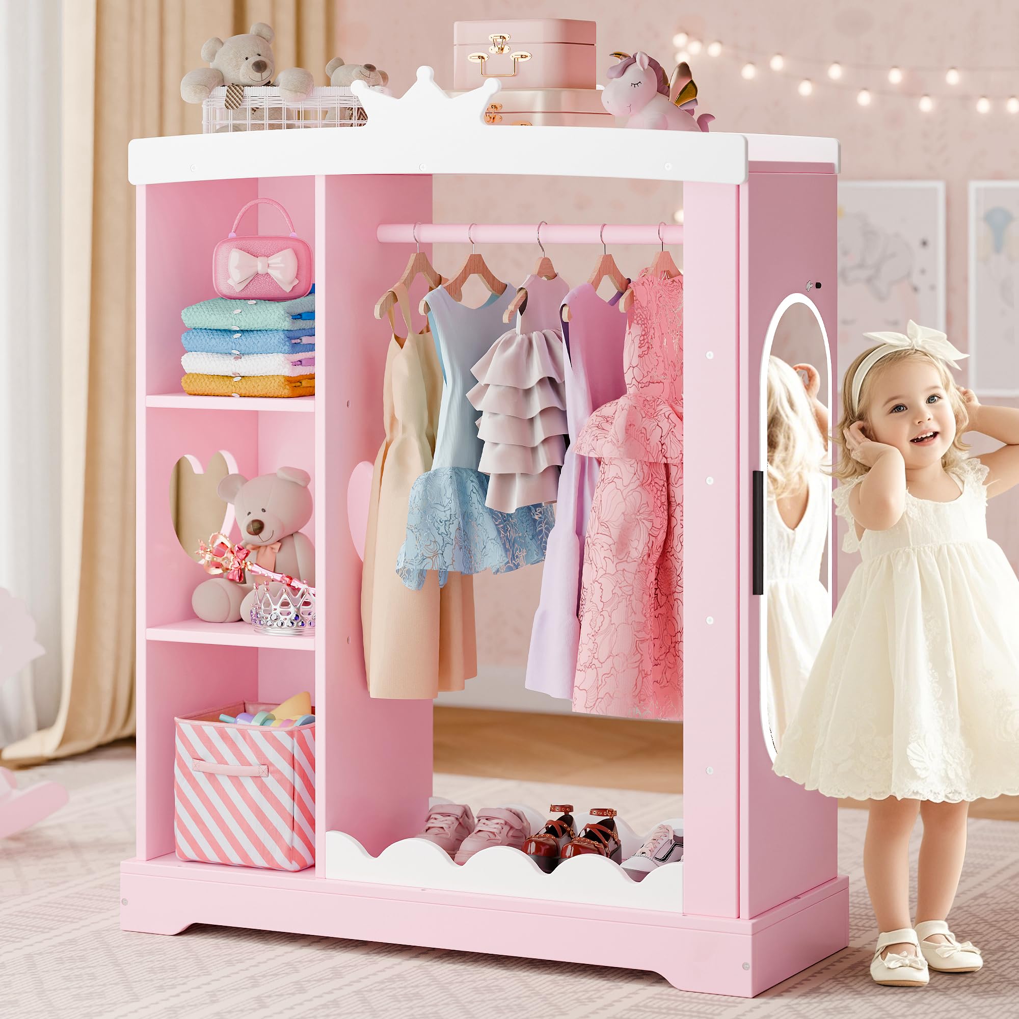 Xilingol Kids Armoire with Jewelry Cabinet & Mirror - Princess Dress Up Storage Wardrobe with Shelves - Pink Costume Organizer for Girls Bedroom & Playroom - Perfect for Birthday Gifts & Pretend Play