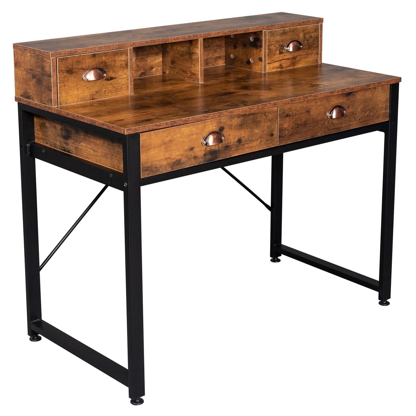 Compact Computer Desk with 4 Drawers & Hutch - Rustic Brown Home Office Desk for Small Spaces, Writing & Study - Perfect for Bedrooms, Dorm Rooms & Home Offices