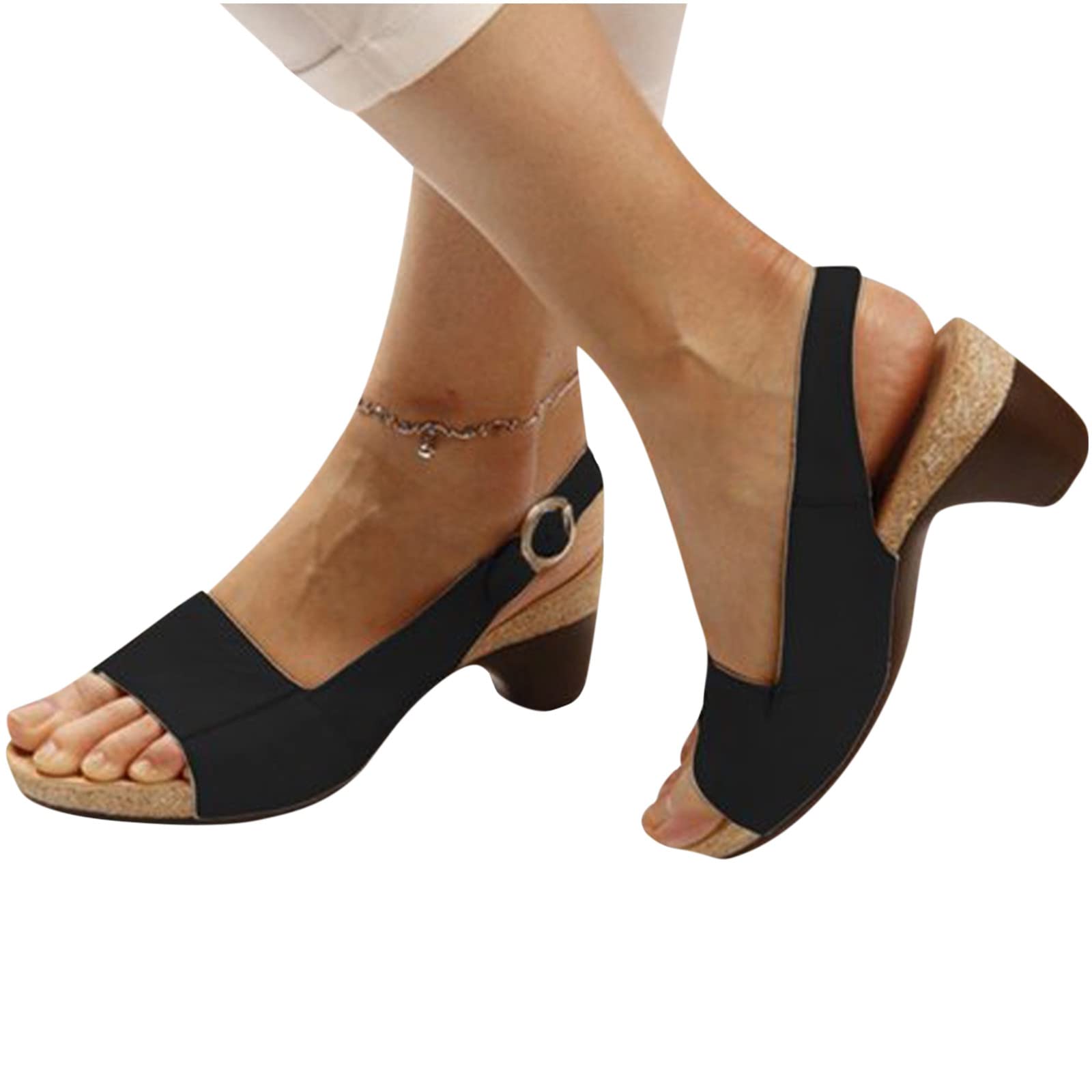 Oiangi Women's Summer Thick Heel Sandals - Fashion Ankle Strap Buckle Open Toe Low Chunky Heel Sandals for Women - Comfortable Casual Ladies Slingback Shoes & Slippers for Beach, Vacation and Daily Wear