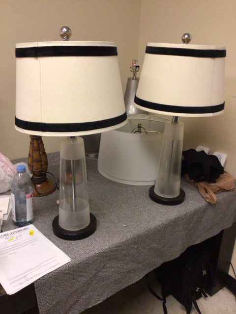 Modern Glass Cylinder Table Lamps with Cream & Black Trim Shades - Set of 2 for Bedroom Nightstand, Living Room End Table, or Office Desk Lighting