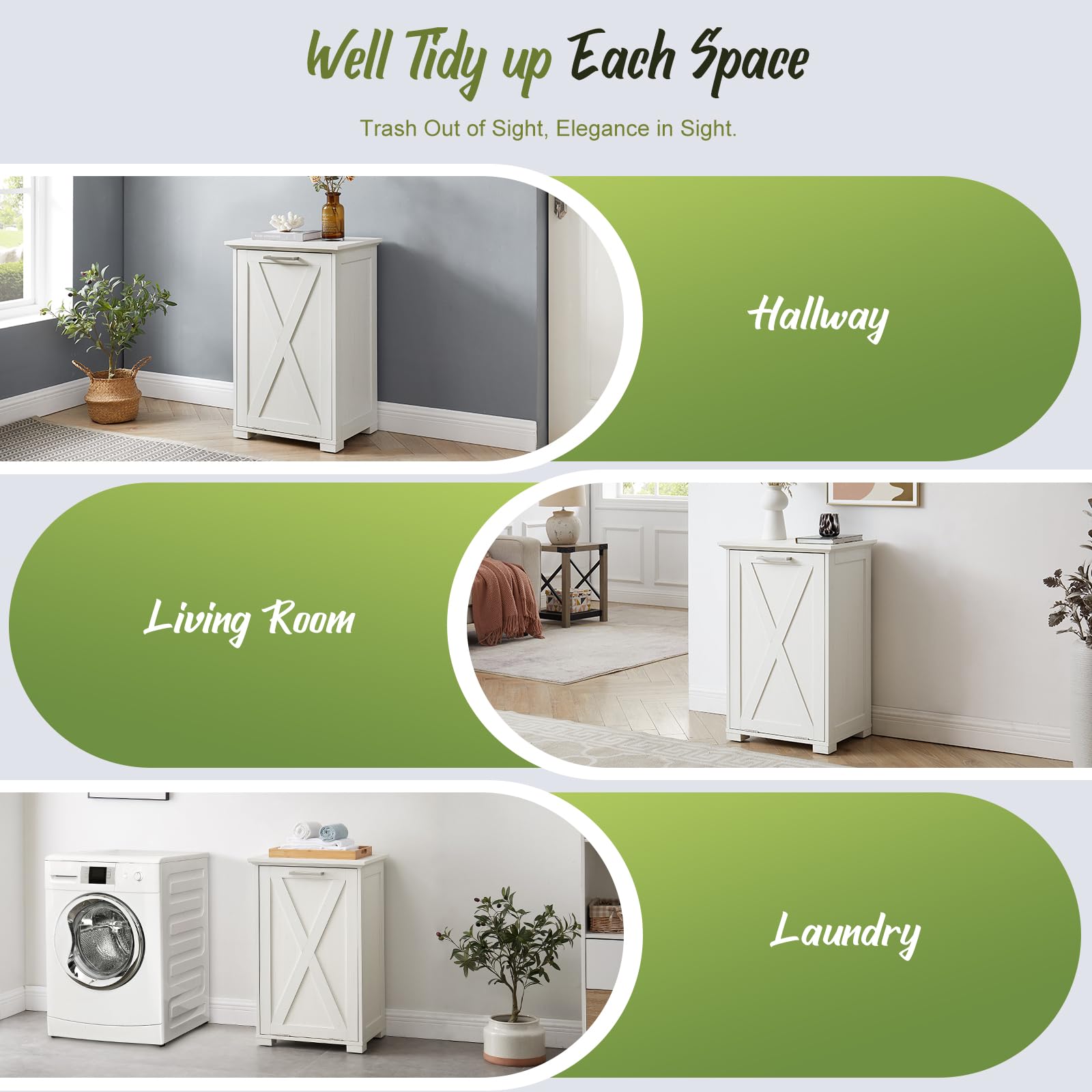 10-Gallon Tilt-Out Trash Can Cabinet with Odor Control - Pull-Out Recycling Garbage Bin with Spacious Wooden Top for Kitchen, Bedroom & Laundry - Perfect for Waste Management & Home Organization (White)