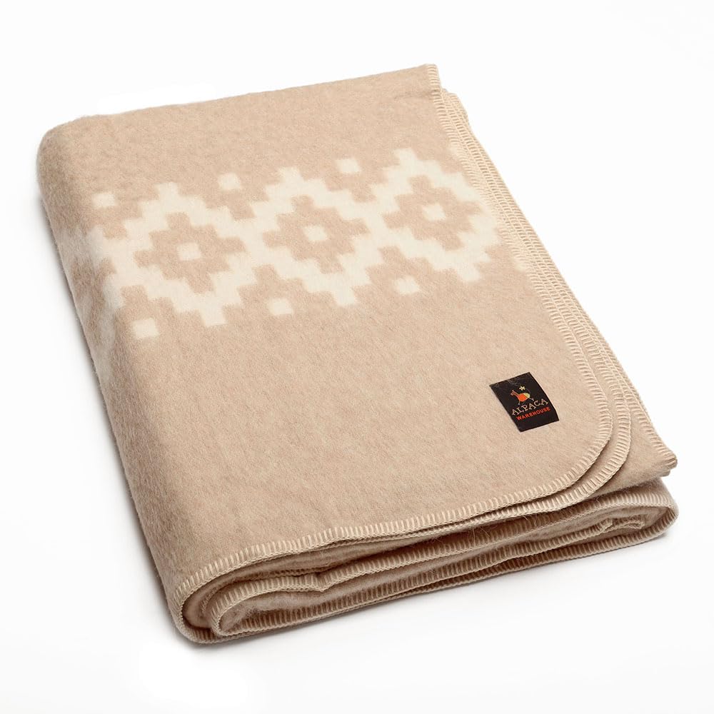 Premium Thick Alpaca Wool Blanket - Heavyweight Queen Size Soft Peruvian Blanket for Camping, Outdoors & Indoor Use - Cozy Ethnic Design (Beige-Ivory) | Perfect for Cold Weather, Home Decor & Gift Giving