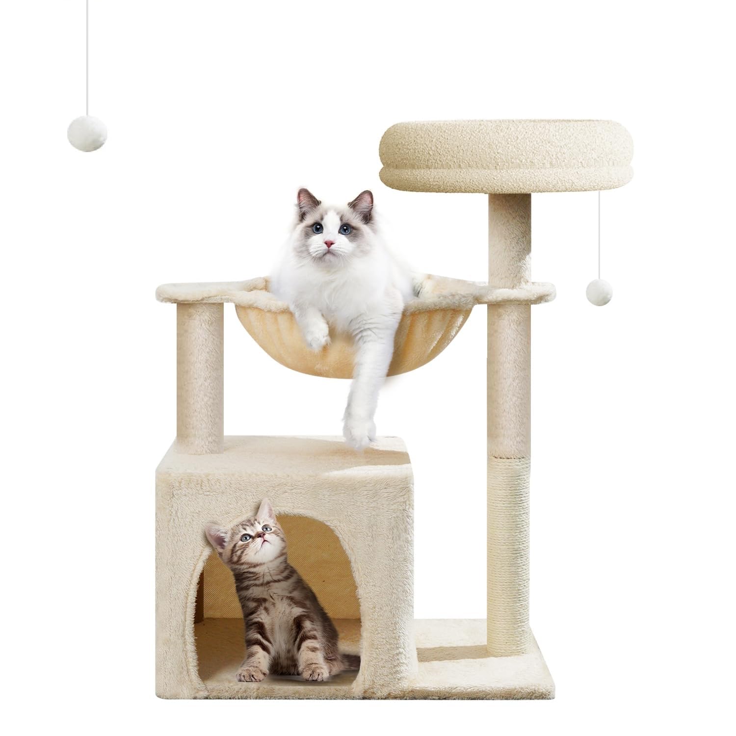 28in Small Cat Tree Tower with Multi-Level Perches, Hammock & Sisal Scratching Post - Indoor Climbing Activity Condo with Fun Toys for Kittens & Small Cats | Perfect for Apartments, Living Rooms & Pet Play Areas