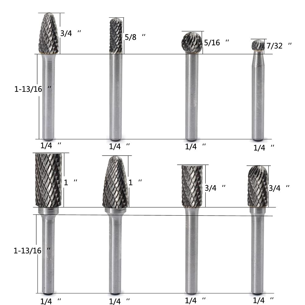 JESTUOUS 8-Piece Carbide Burr Set - 1/4 Inch Shank Double Cut Rotary Files for Metal Grinding, Polishing & Carving - Professional Die Grinder Drill Bits Kit for Metalworking, Woodworking & DIY Projects