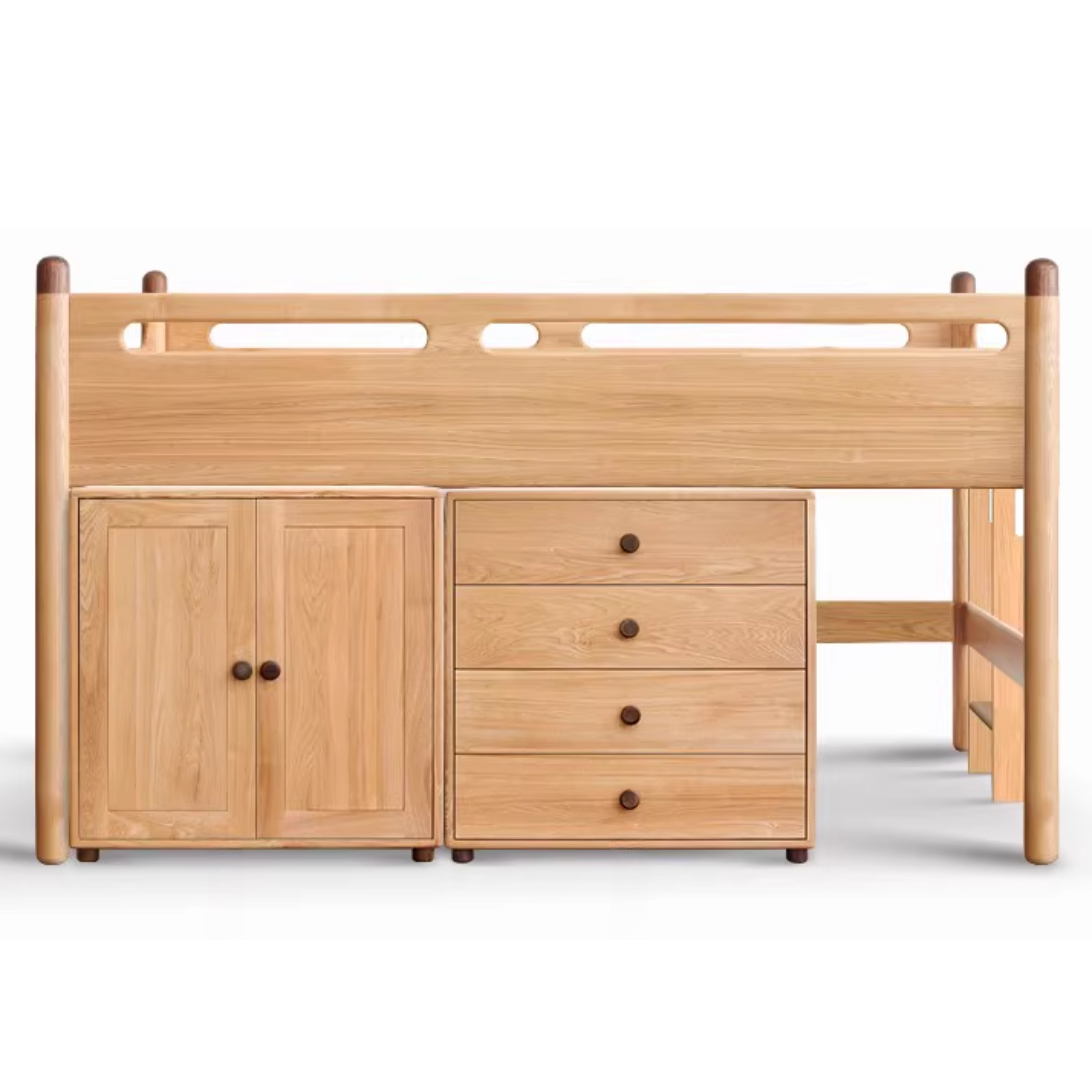 Solid Oak Wood Mid-High Bed with Slanted Ladder - Sturdy Adult Loft Bed for Small Spaces, Dorm Rooms & Modern Apartments