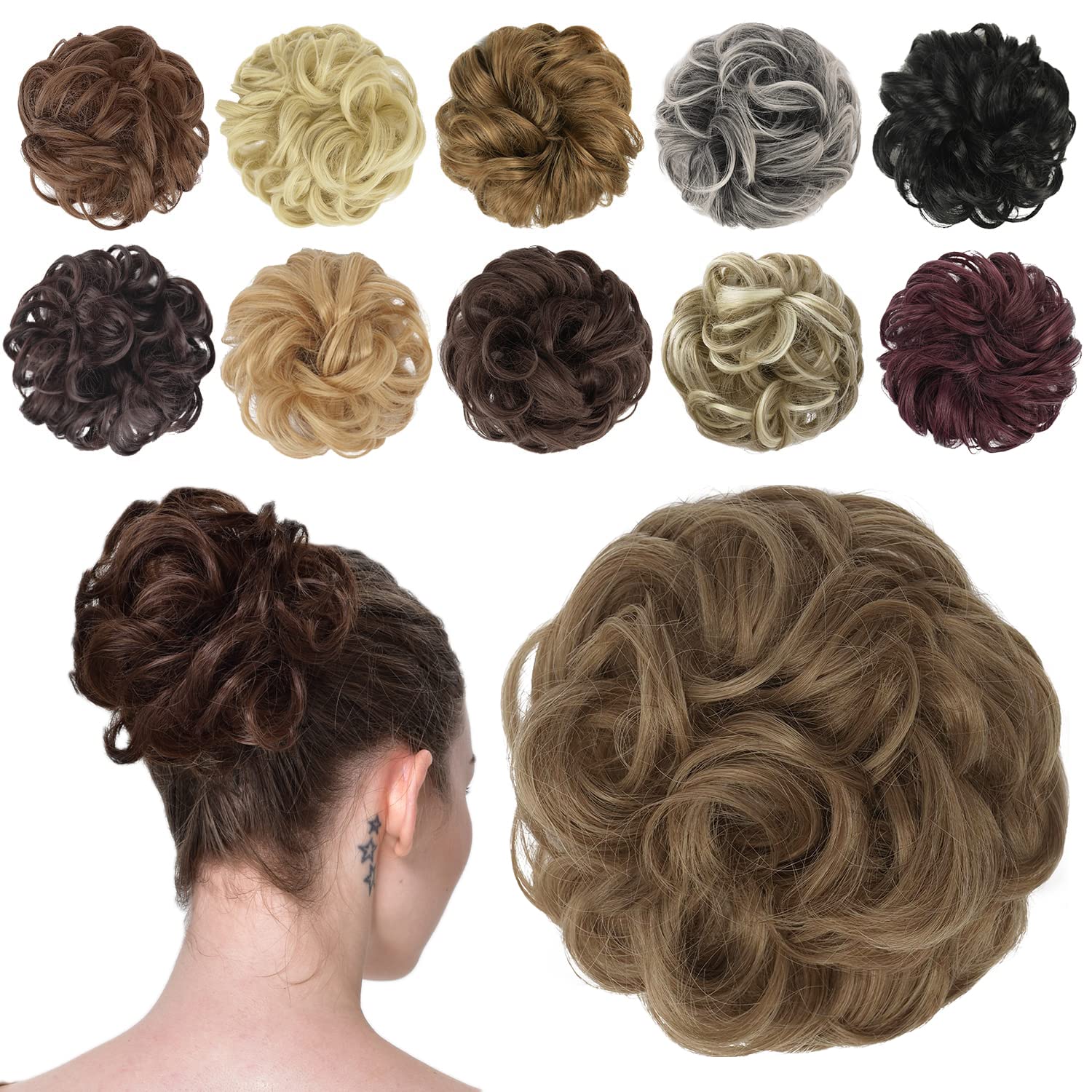 FESHFEN Updo Hairpiece - Ponytail & Bun Hair Extensions with Scrunchy, Wavy Curly Messy Donut Chignon - 12T24 Light Golden Brown & Pale Golden Blonde Ombre - Perfect for Parties, Weddings & Everyday Styling