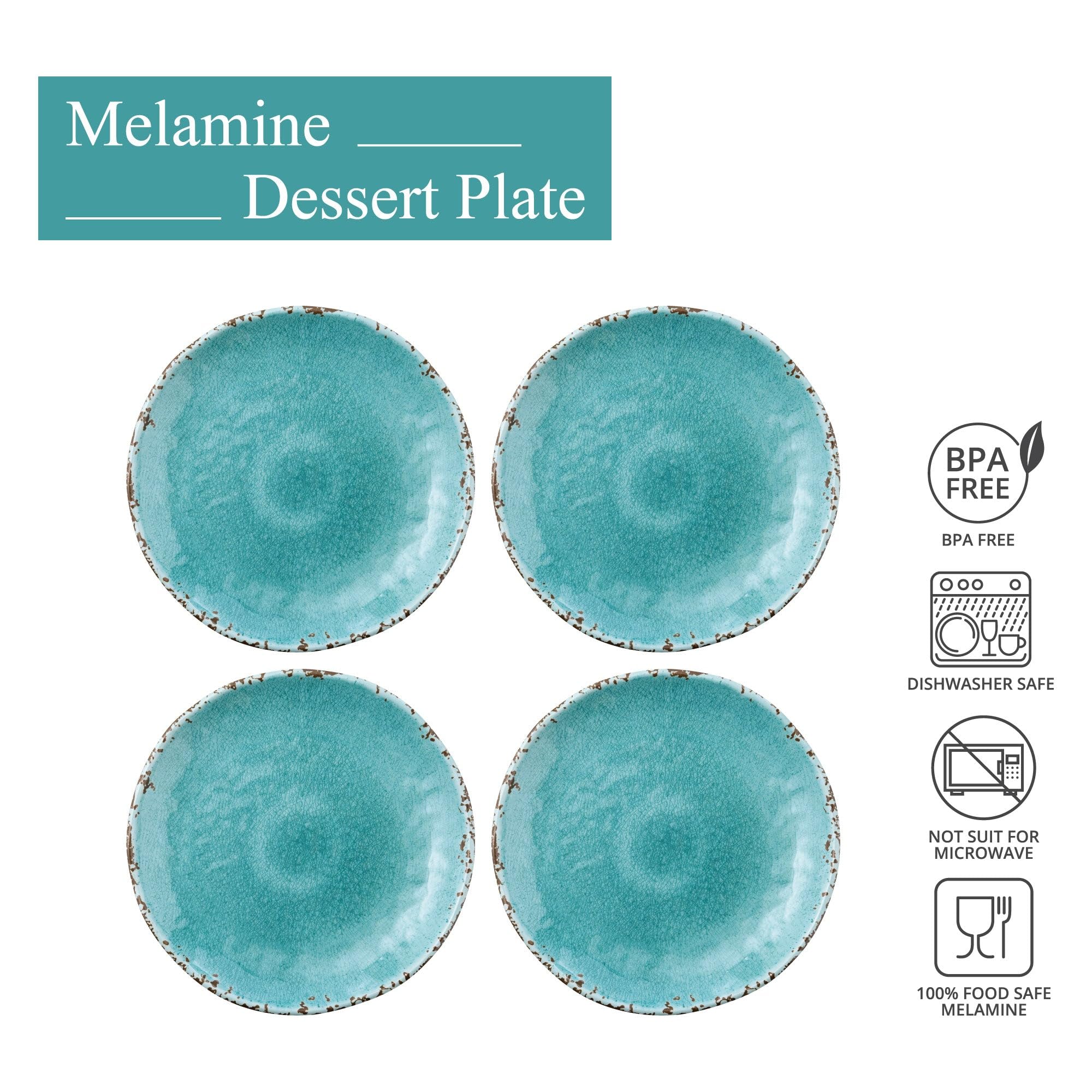 UPware Crackle Melamine Round Dessert Plates - 6 Inch Small Serving Plates for Appetizers, Snacks & Side Dishes - Turquoise Set of 4 - Perfect for Parties, Picnics & Home Dining