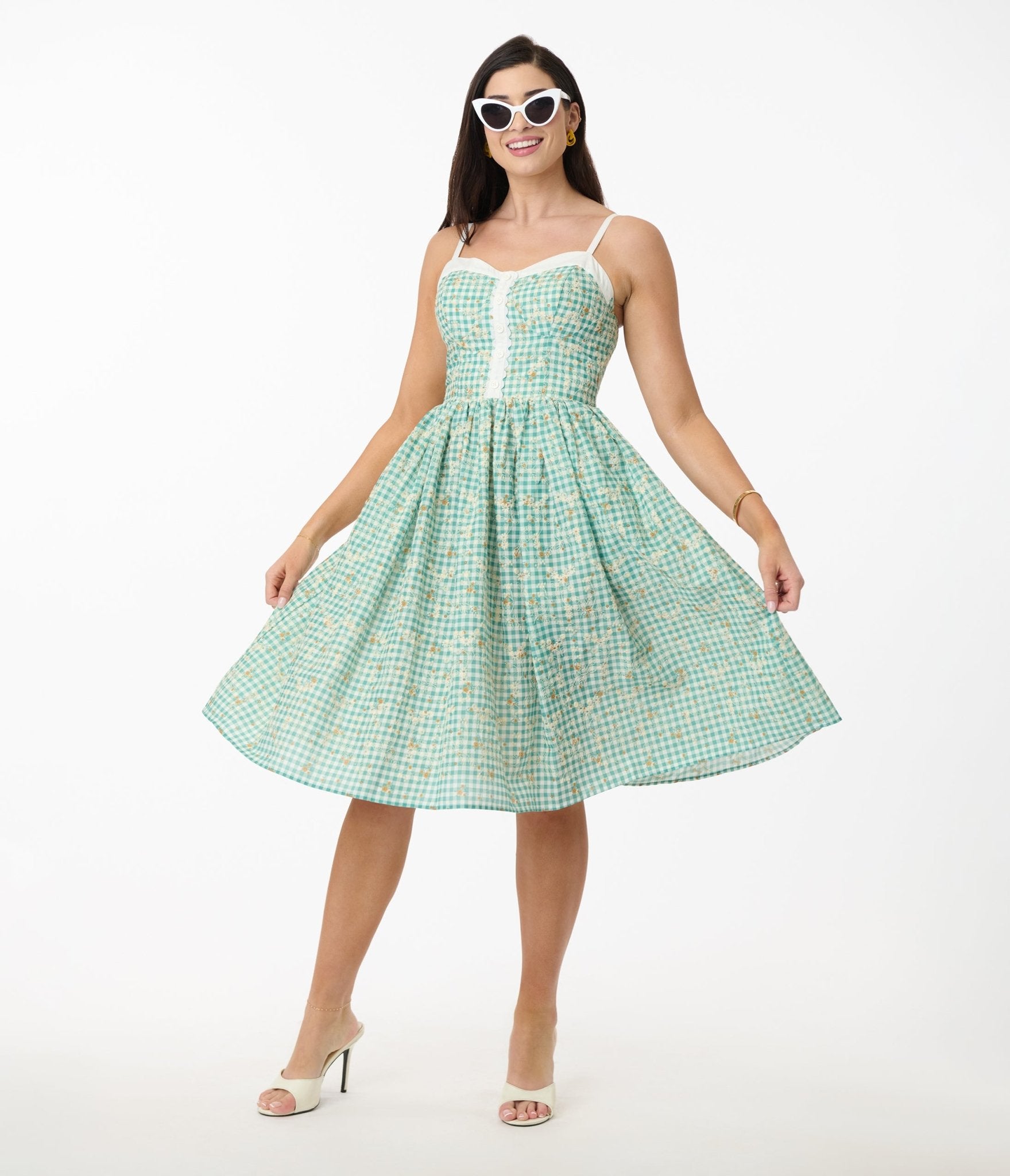 Vintage Green Gingham Floral Sweetheart Swing Dress - Retro 1950s Style Party Dress for Women | Perfect for Cocktail Parties, Weddings & Date Nights