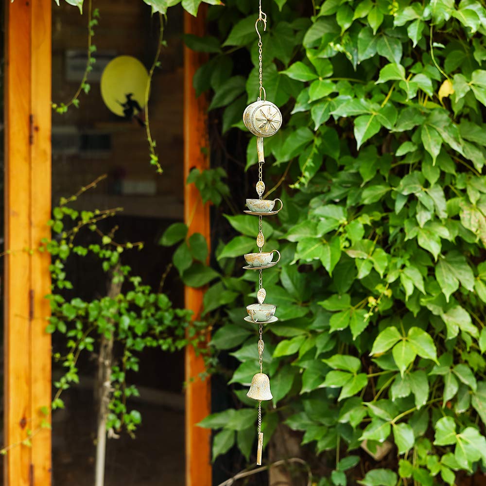Jemeni 40 Inch Tall Hanging Teapot & Cups Wind Chime with Bell - Antique Green Patina Finish | Outdoor Garden Decor, Patio Wind Chime, Unique Backyard Ornament