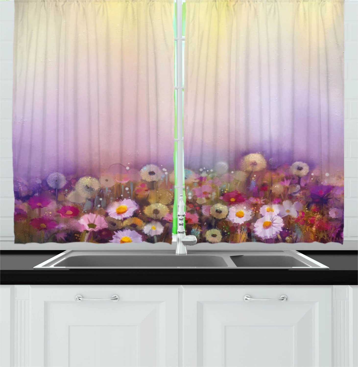 Ambesonne Floral Long Kitchen Curtains - Hand-Painted Blossom Design with Rod Pocket, 55