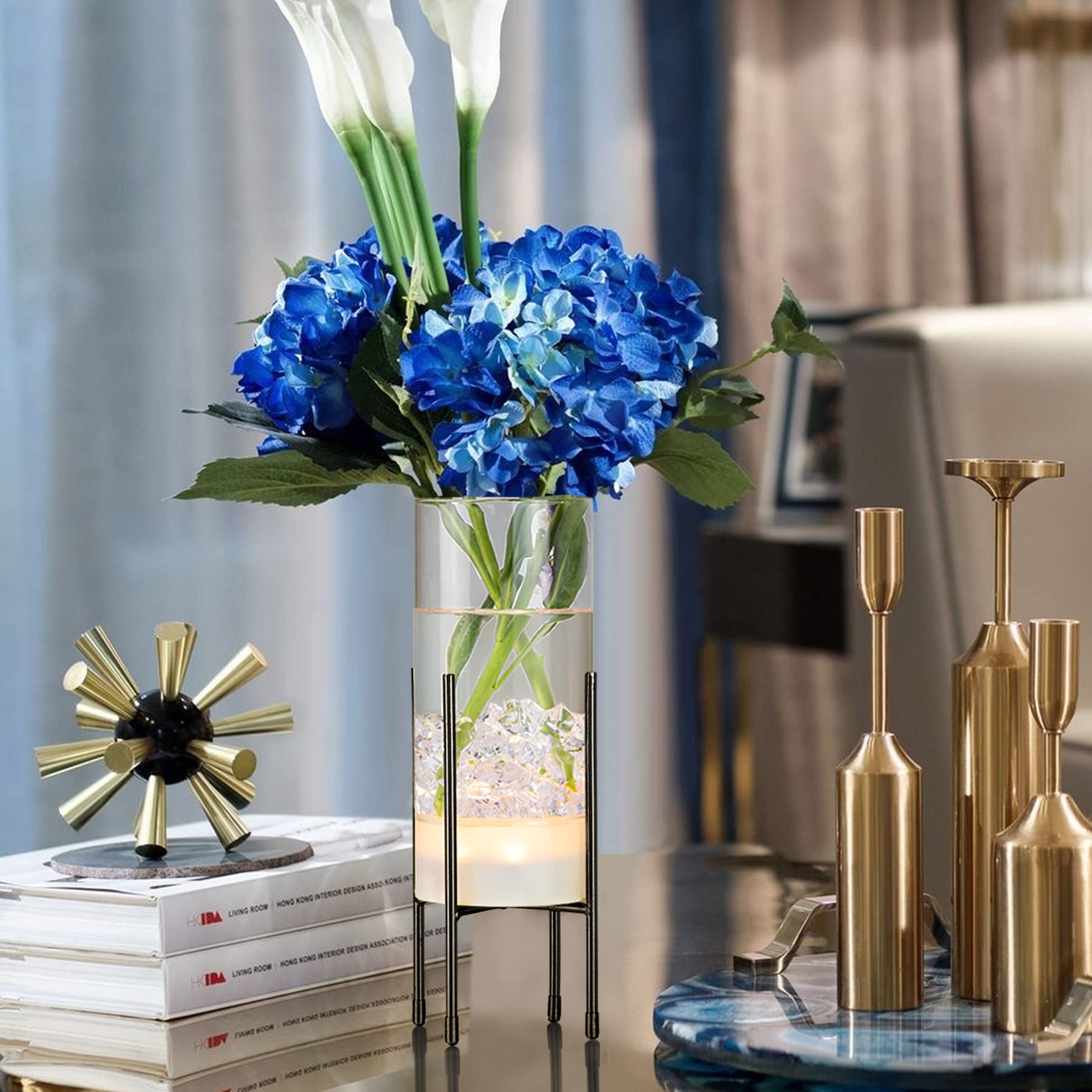 Modern Glass Flower Vase Set with LED Lights & Black Stand - 2 Pack Clear Table Vases for Home Decor, Wedding Centerpieces, Party Decorations - Perfect for Living Room, Dining Table, and Special Events