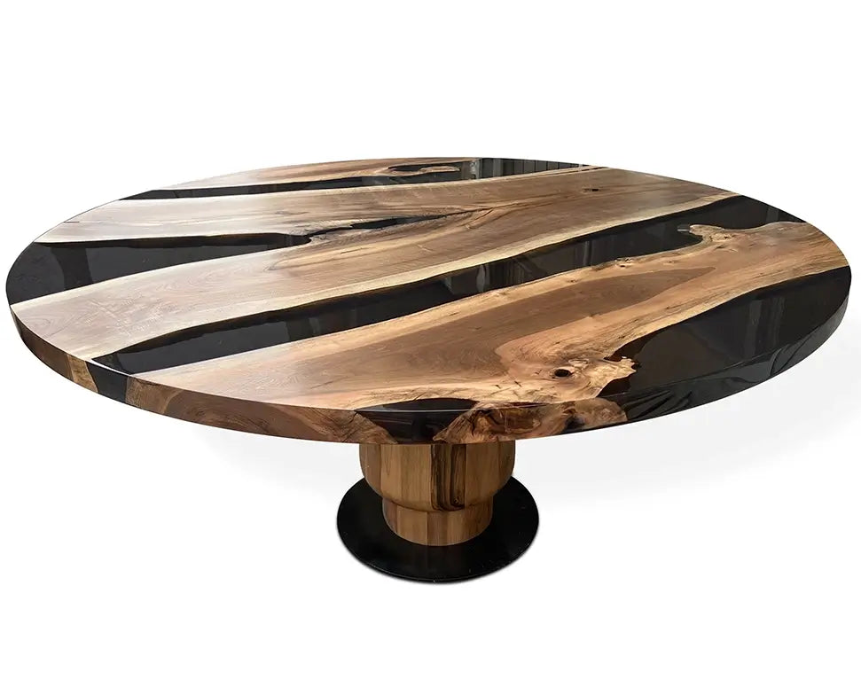 Handmade Round Epoxy Resin Table with Natural Walnut Wood Tulip Base - Modern Coffee Table for Living Room, Office & Dining Area
