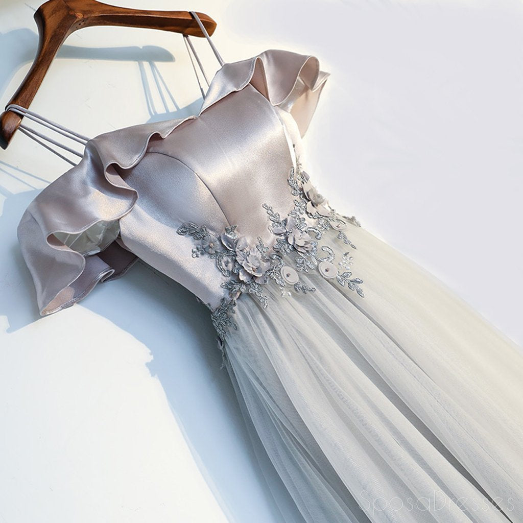 Elegant Off Shoulder Grey Tulle A-Line Prom Dress for Evening Party | Custom Long Formal Gown | Homecoming & Wedding Guest Dress