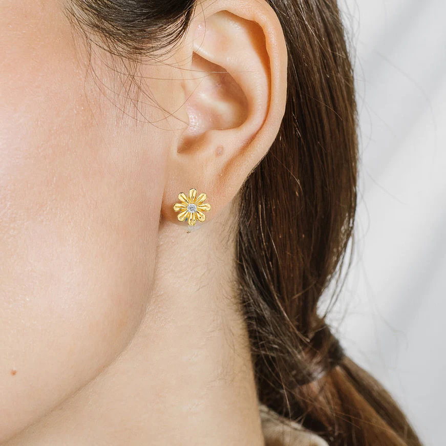 Daisy Gem Stud Earrings for Women - 14K Gold Plated Cubic Zirconia Earrings - Perfect for Everyday Wear, Gift Giving & Special Occasions