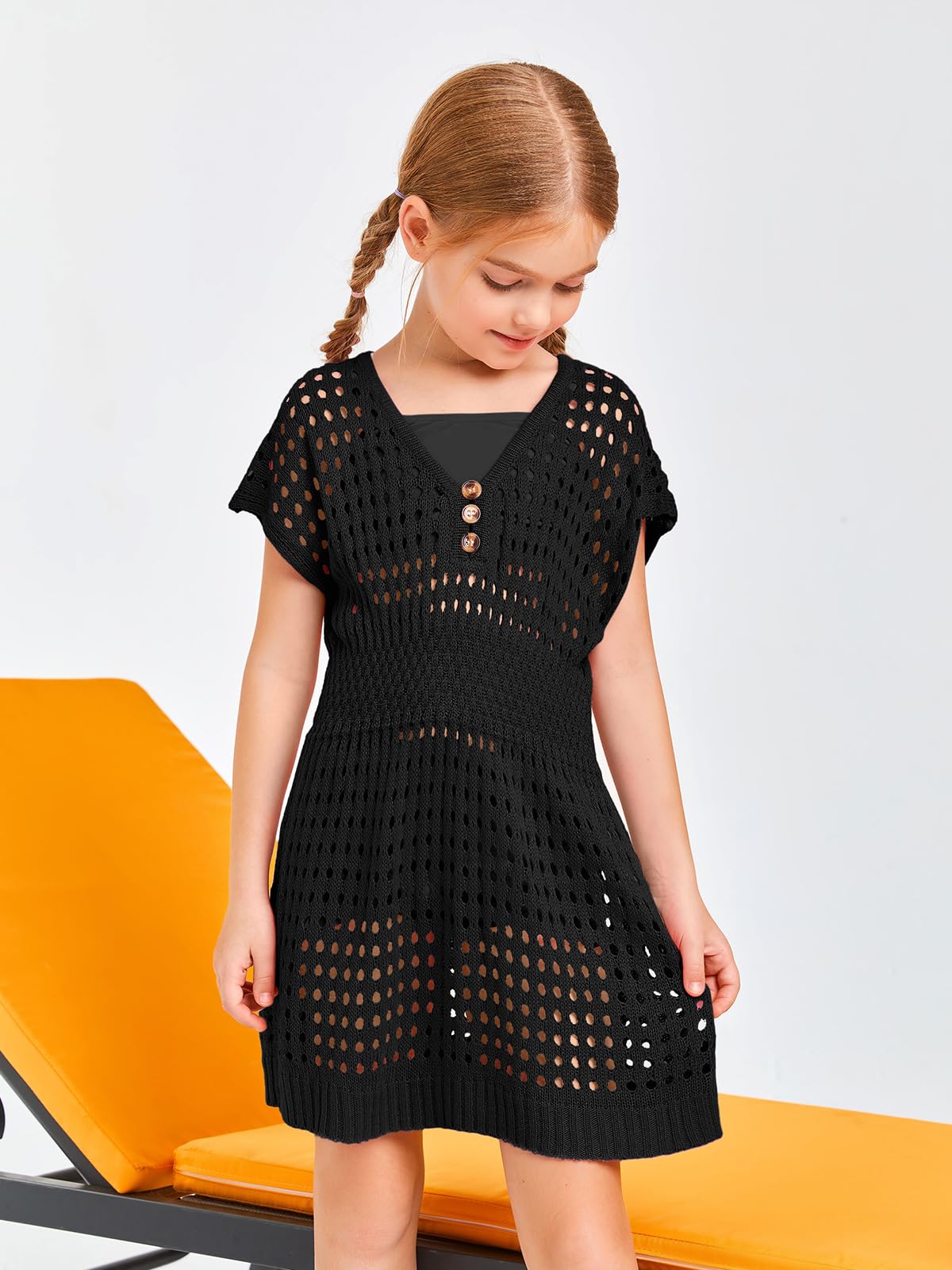 Haloumoning Girls Crochet Swim Cover Up - Beach Button Front Short Sleeve Swimwear Dress for Kids Ages 5-14 | Perfect for Pool Parties, Beach Vacations & Summer Outings