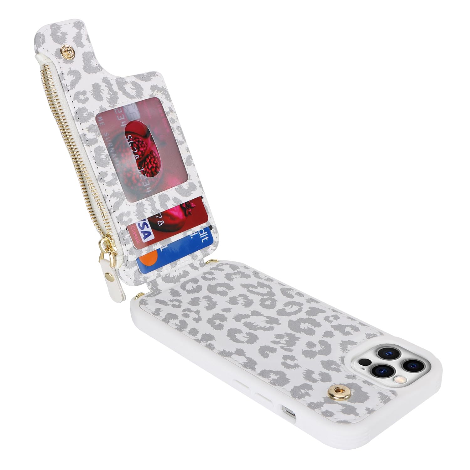 Premium Magnetic Wallet Case for iPhone 12/12 Pro - Slim Protective Cover with Card Holder & Crossbody Strap | Magsafe Compatible | Leopard White Design | Perfect for Women's Everyday Use, Travel & Shopping
