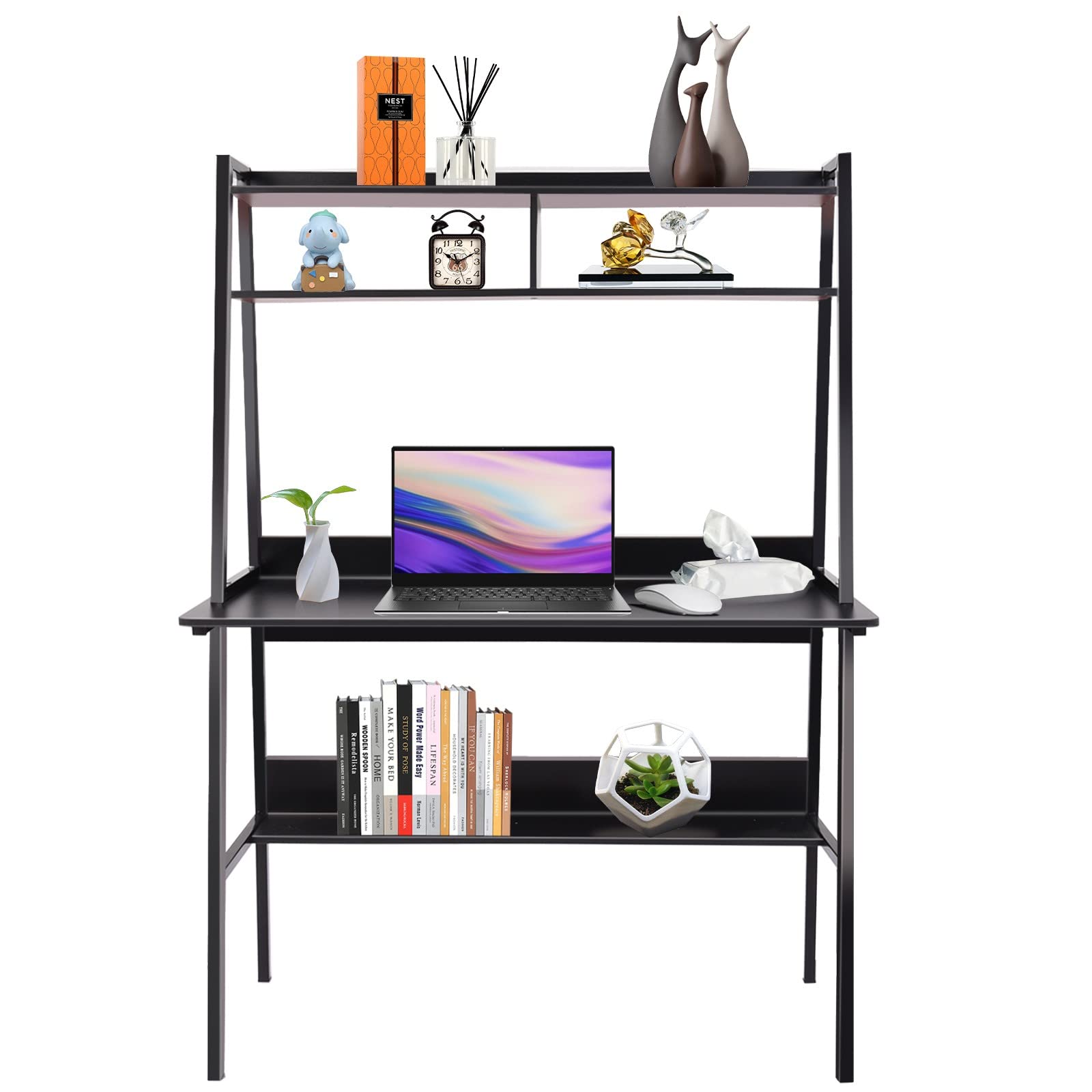 Feterr Industrial Style Ladder Desk with Bookshelf - Black Home Office Computer Desk for Small Spaces, Compact Corner Writing Table with Metal Frame & Wood Look Finish - Perfect for Home Office, Study Room, Dorm or Apartment Workspace (Black, One Size)