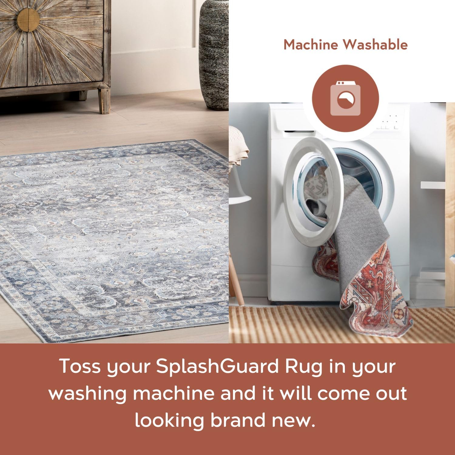 nuLOOM 5' x 8' Splashguard Machine Washable Area Rug - Waterproof, Non-Slip Backing, Stain Resistant for Living Room, Bedroom, Kitchen & Dining Room | Casey Blue Grey | Perfect for High Traffic Areas & Pet-Friendly Homes