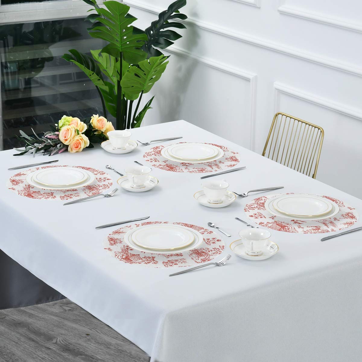Chinoiserie Style Round Placemats Set of 4 - Non-Slip Heat Resistant Table Mats for Dining Decor, Perfect for Chinese New Year, Thanksgiving & Holiday Dinner Parties
