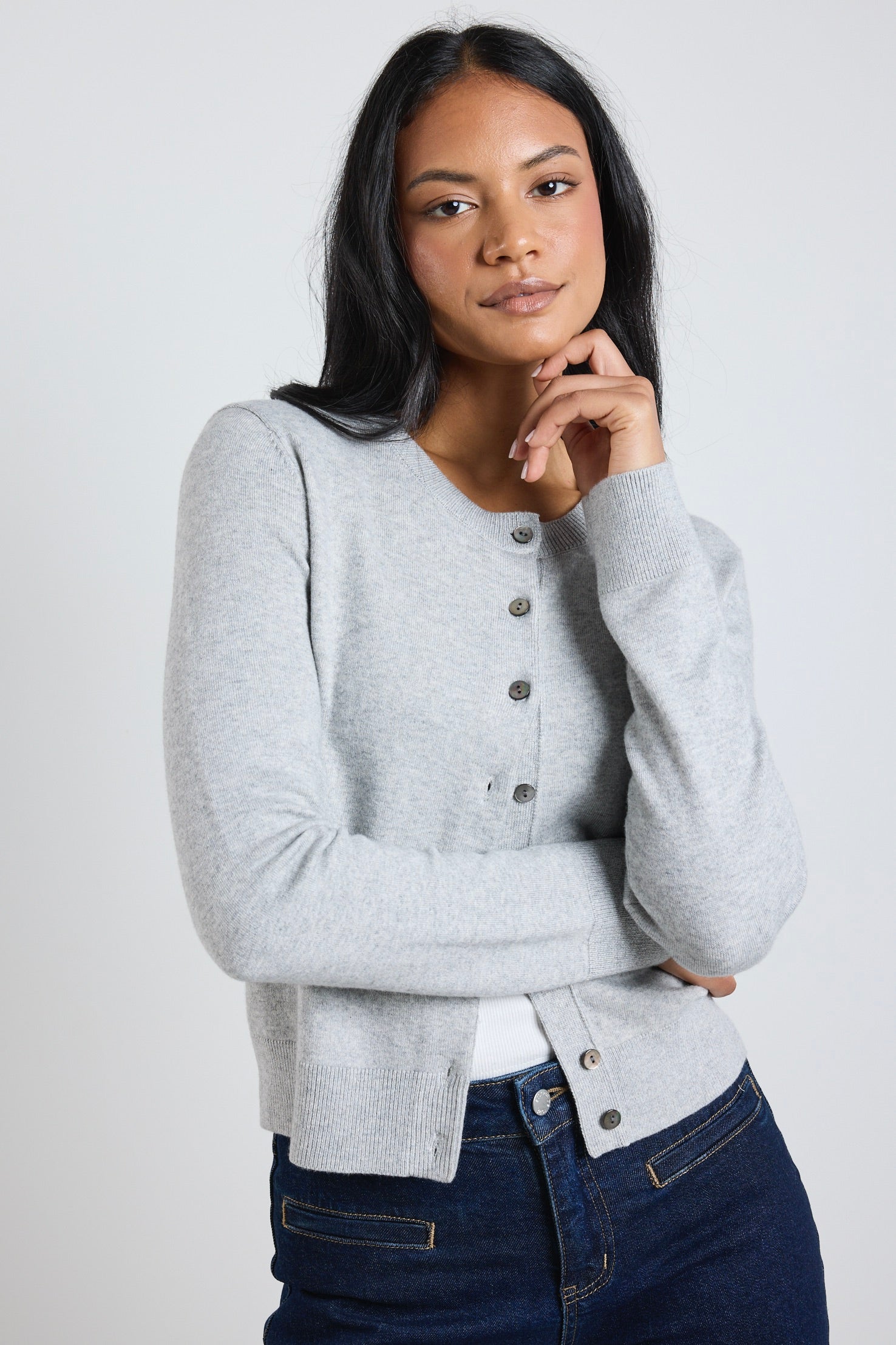 Light Grey Marle Cashmere Blend Crewneck Cardigan - Soft & Warm Signature Knitwear for Women | Perfect for Office, Date Night & Cozy Evenings