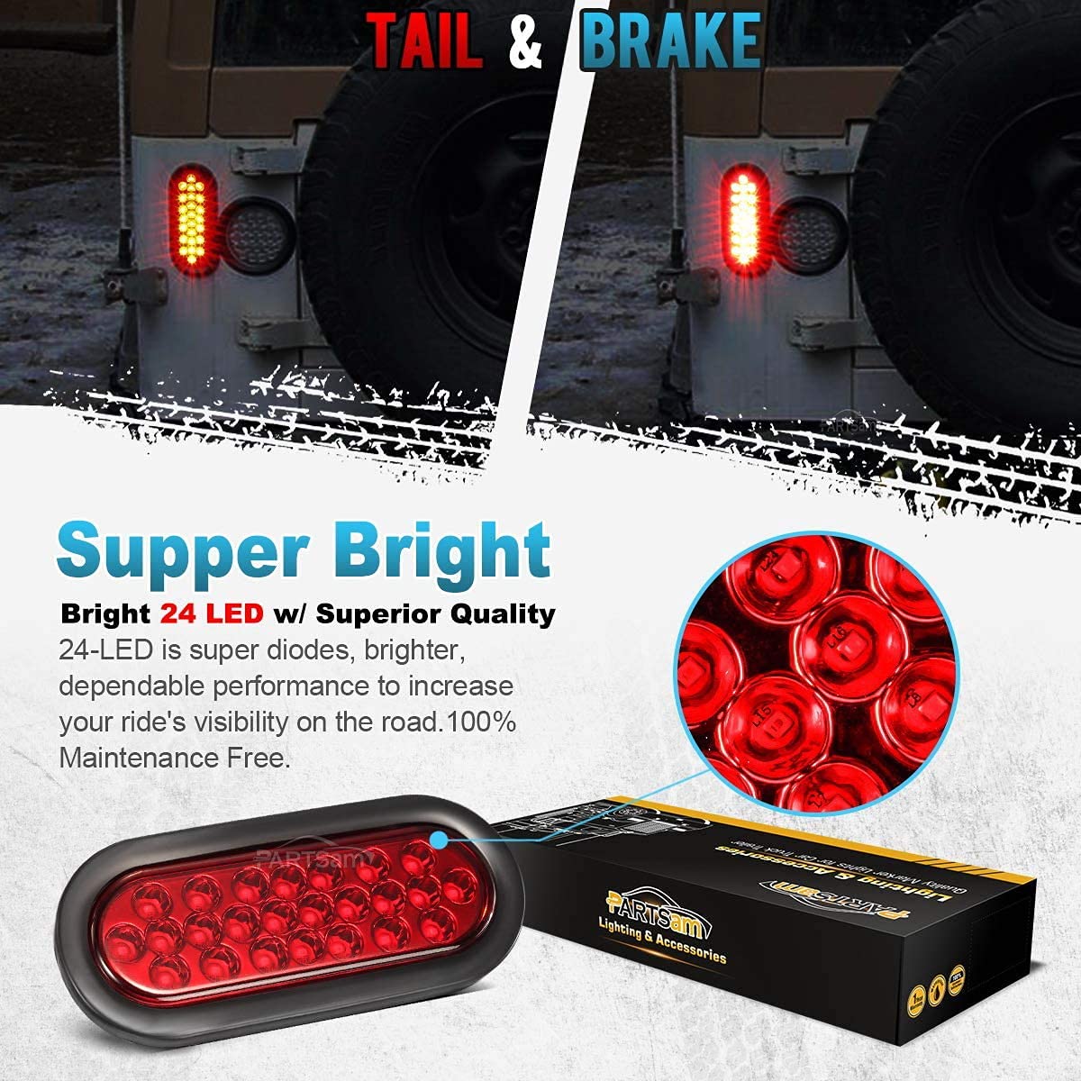 Partsam 2-Pack 6 Inch Red Oval LED Trailer Tail Lights with 24 LEDs + 5-Pack 2 Inch Red Round Sealed Clearance Marker Lights - Grommet Mount, Pigtails Hardwired - Perfect for Semi Trucks, Trailers, Boats & RVs