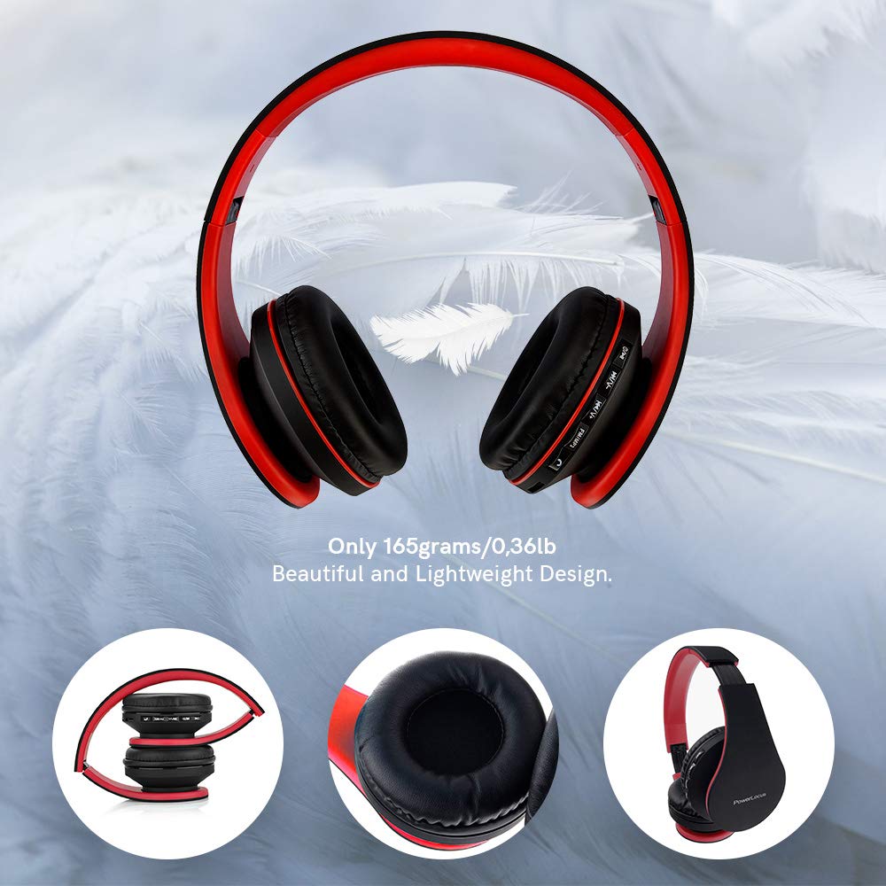 PowerLocus Wireless Bluetooth Over-Ear Headphones with Microphone - Foldable, Rechargeable Stereo Headset for iPhone, Samsung, LG, iPad - Perfect for Travel, Gaming & Music (Black/Red)