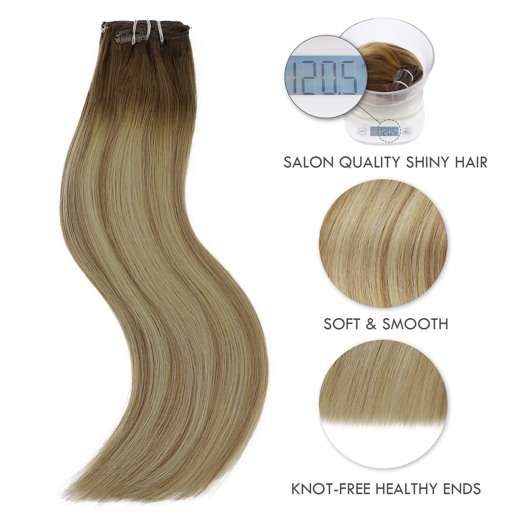 Clip In Hair Extensions 120G Real Human Hair - Balayage Walnut Brown to Ash Brown with Bleach Blonde Highlights - 7PCS 14 Inch Clip Ins for Volume & Length - Perfect for Parties, Weddings & Daily Styling