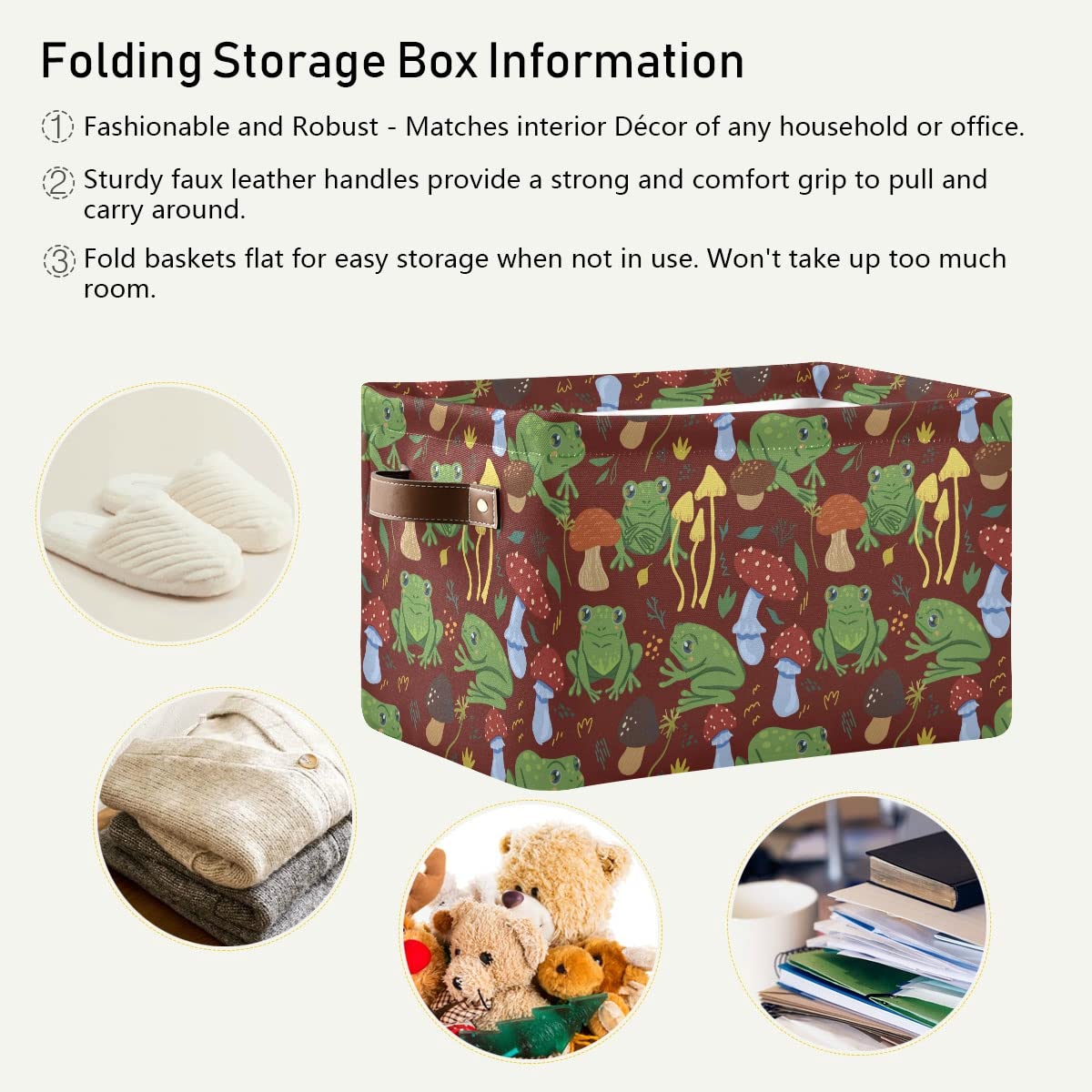 Cute Frogs & Forest Mushrooms Collapsible Storage Bin - Waterproof Rectangle Basket for Nursery Toys, Books & Closet Organization | Perfect for Kids' Room Decor & Bedroom Shelves