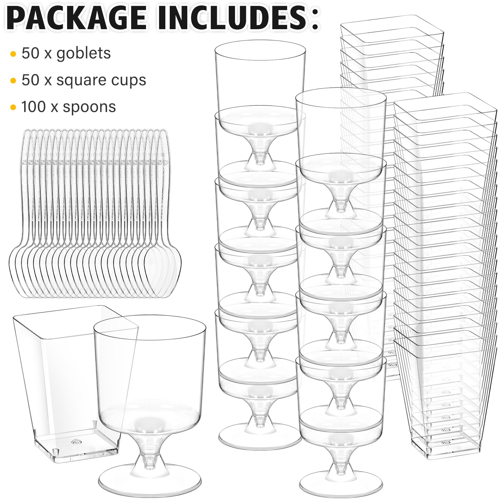 100-Pack 5 oz Square & Goblet Plastic Dessert Cups with Spoons - Mini Parfait & Shooter Cups for Banana Pudding, Yogurt, Fruit, Jello - Perfect for Parties, Catering & Home Dessert Serving