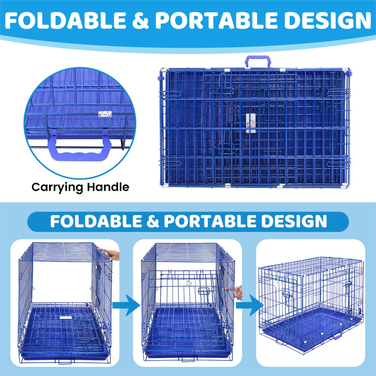 30 Inch Blue Collapsible Dog Crate for Small to Medium Dogs - Indoor Pet Kennel with Nano-Coated Metal Wire, Removable Tray & Floor Grid, Double Doors with Dual Locks, Portable Handle - Perfect for Home, Travel & Training