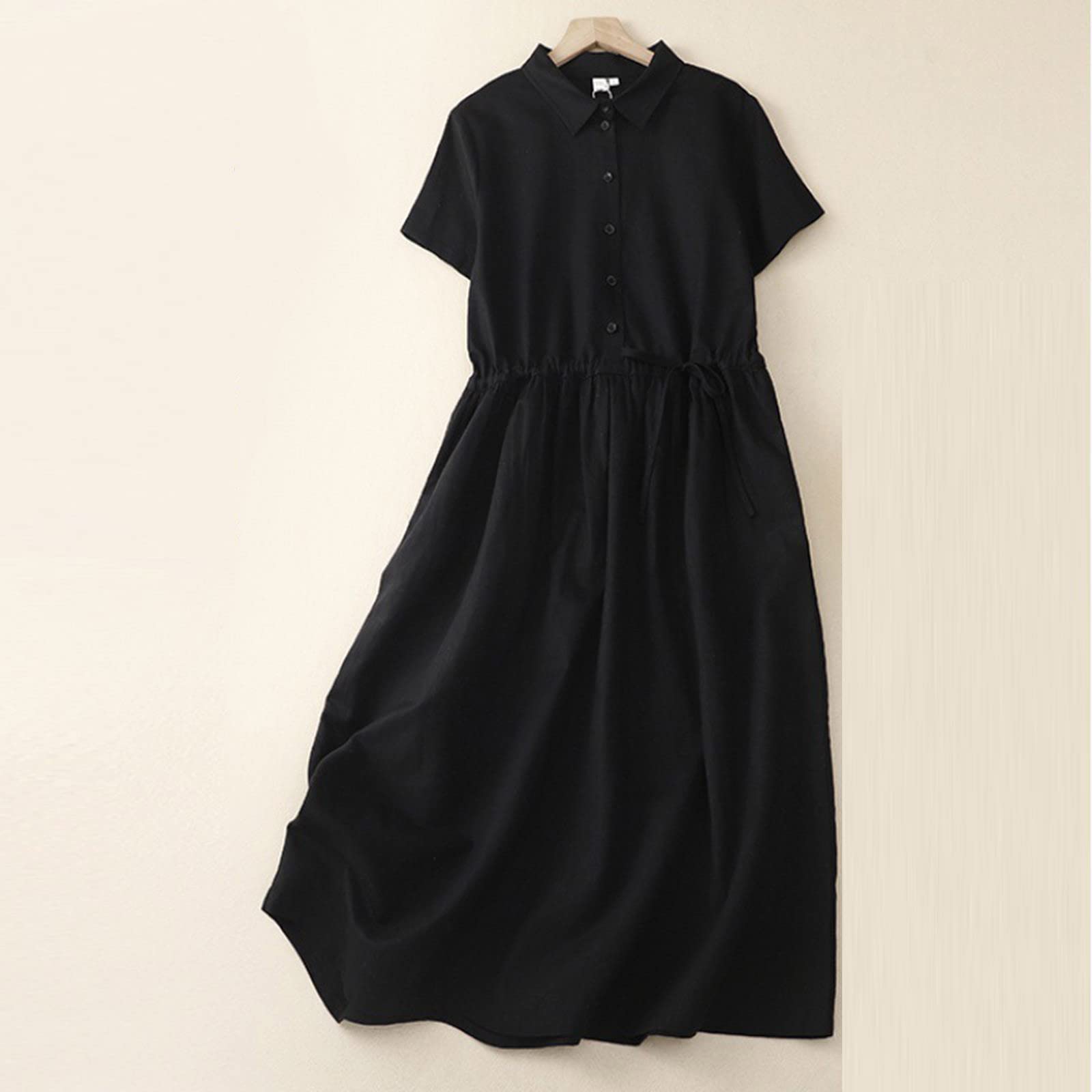 Women's Casual Cotton Linen Dress - Summer Short Sleeve Button Down Shirt Dress with Lapel Neckline | Perfect for Beach Outings, Brunch Dates & Summer Vacations