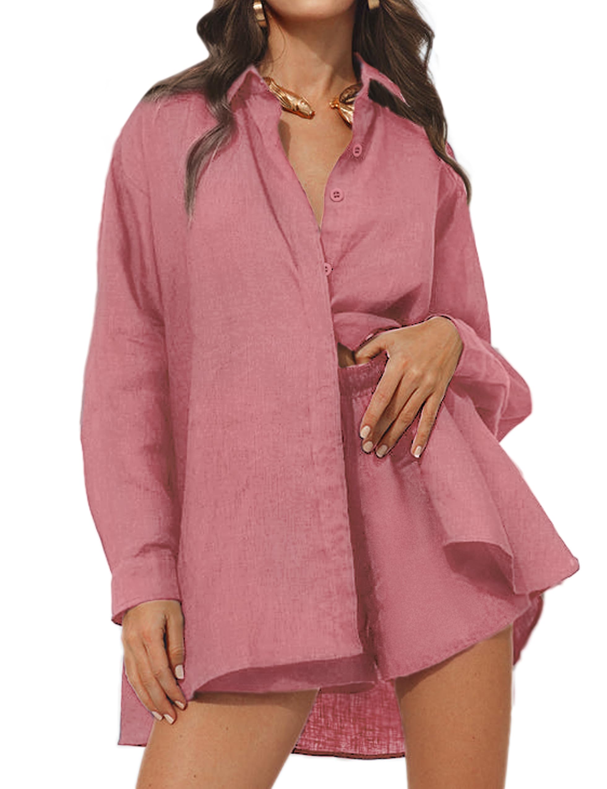 Women's 2 Piece Outfits Matching Sets - Long Sleeve Button Down Shirt with Side Slit & Shorts - Fall Lounge Tracksuit for Casual Wear, Home Comfort & Street Style Fashion