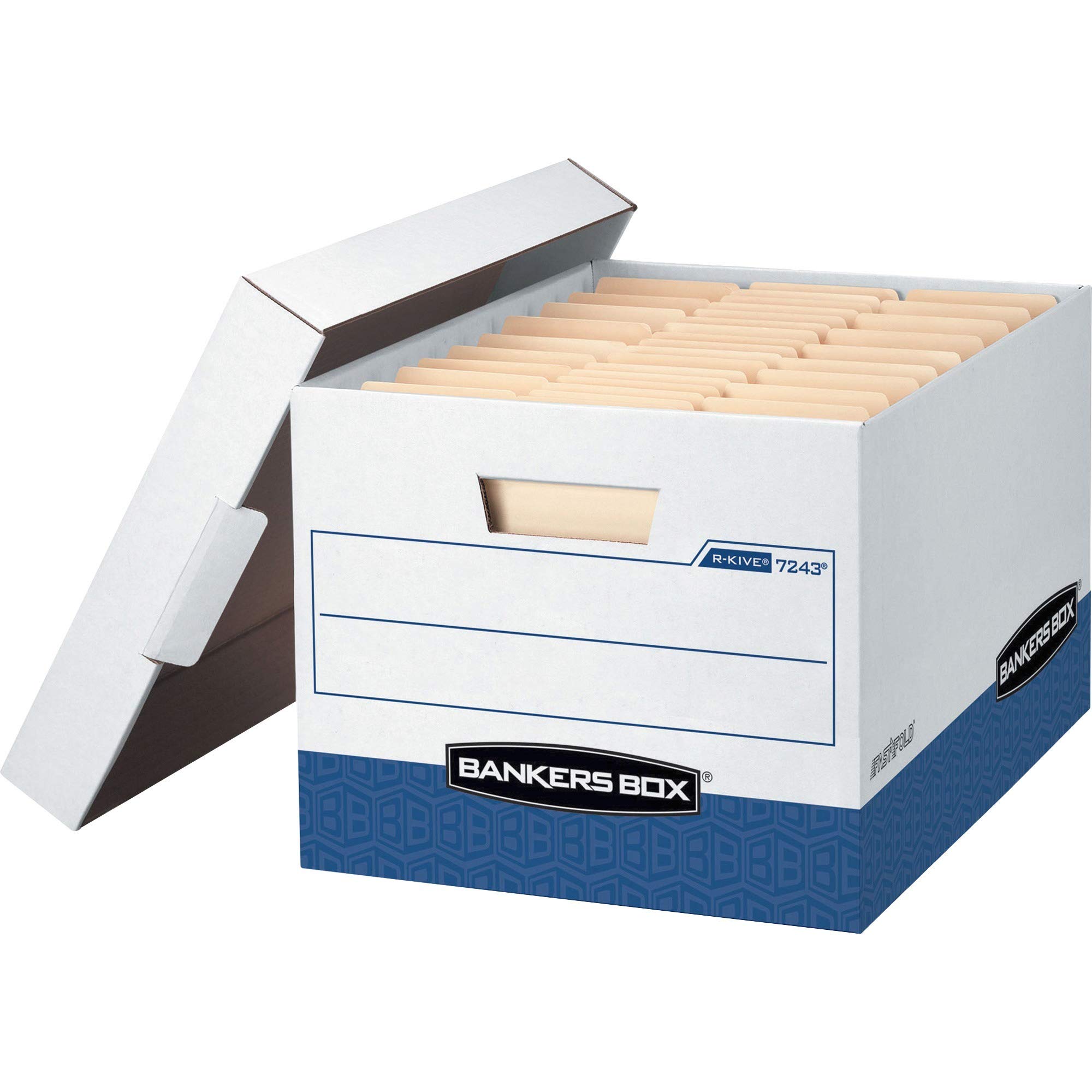 Bankers Box 0724303 R-Kive Max Storage Box - Letter/Legal Size with Locking Lid, White & Blue (4-Pack) - Perfect for Office Document Storage, Home Organization & File Archiving
