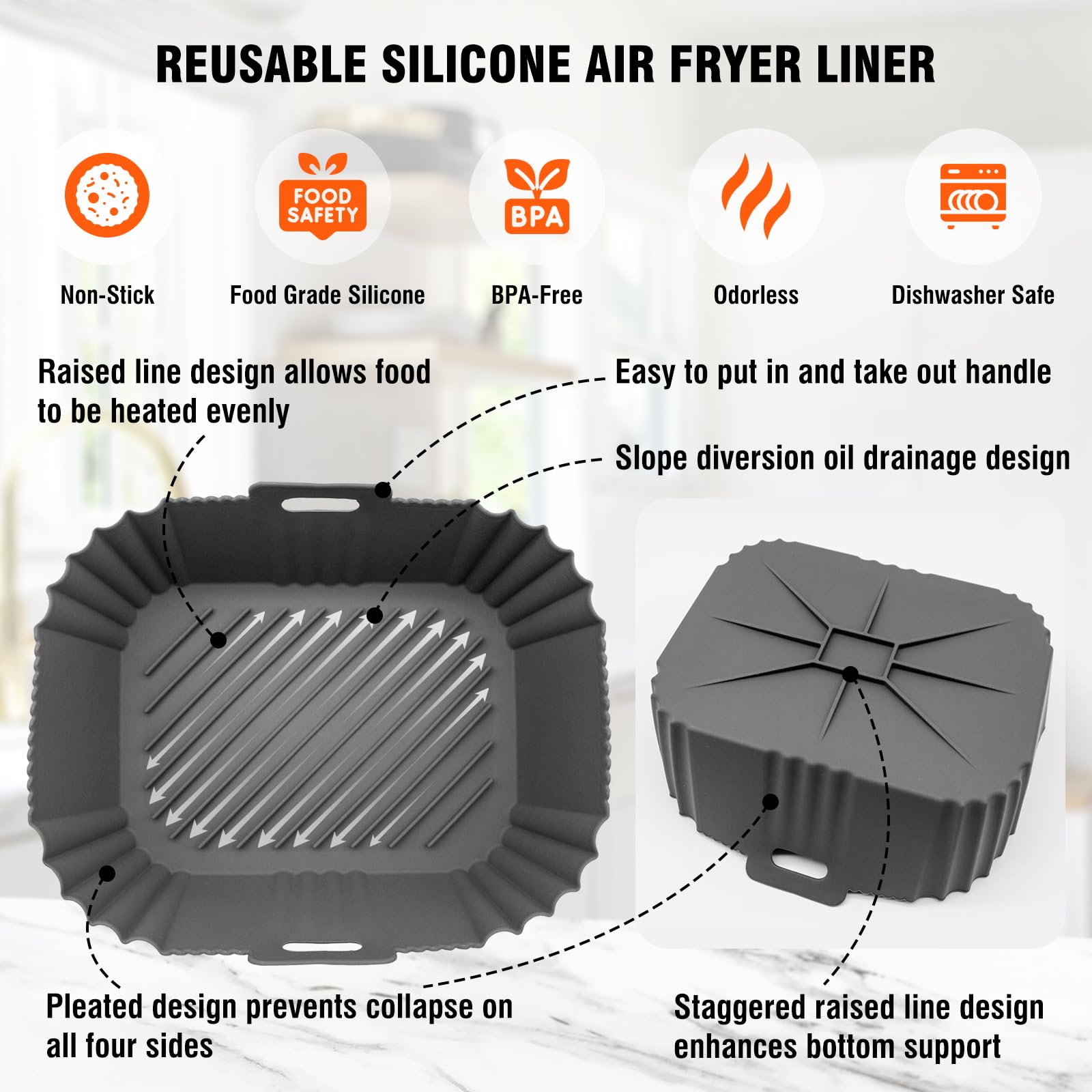 8-10QT Air Fryer Silicone Liner for Ninja SL401/DZ302/DZ550/DZ401 - Large Rectangular Non-Stick Baking Pan, Reusable Dual Basket Insert Accessories (2-Pack) - Perfect for Healthy Frying, Roasting, and Baking Chicken Wings, French Fries & Vegetables