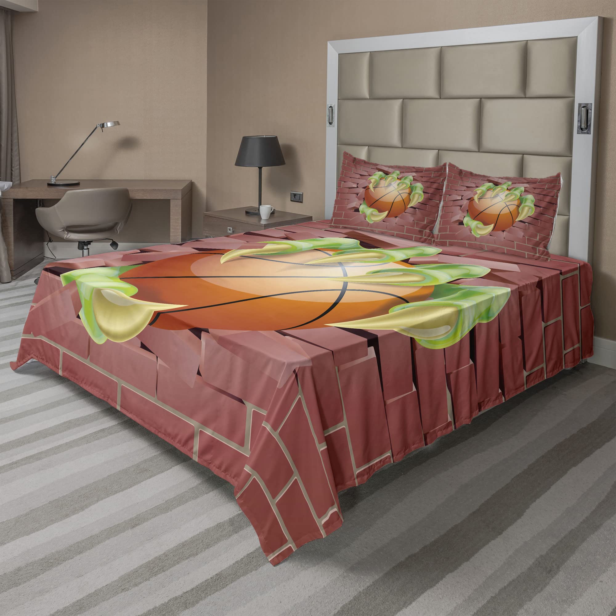 Ambesonne Brick Wall Sheet Set 4-Piece - Claw Beast Monster Hand Holds Basketball Through Brick Wall Design, Full Size Bedding Set with Fitted Sheet, Flat Sheet & Pillowcases in Coral Orange & Lime Green - Perfect for Teen Boys' Rooms, Dorm Decor & Basketball Fans