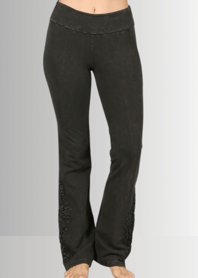 Mineral Washed Bootcut Jeggings with Crochet Detail in Dark Moss Green - Women's Stretchy Denim Pants for Casual Wear & Boho Style Outfits