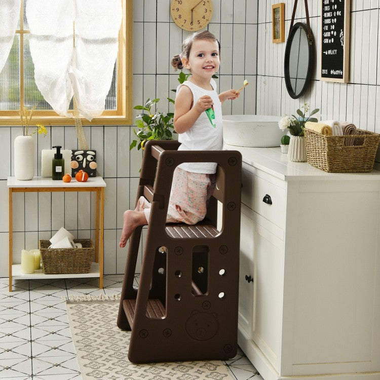 Safe & Sturdy Kids Kitchen Step Stool with Double Safety Rails - Non-Slip Brown Toddler Helper for Cooking, Baking & Bathroom Sink Access