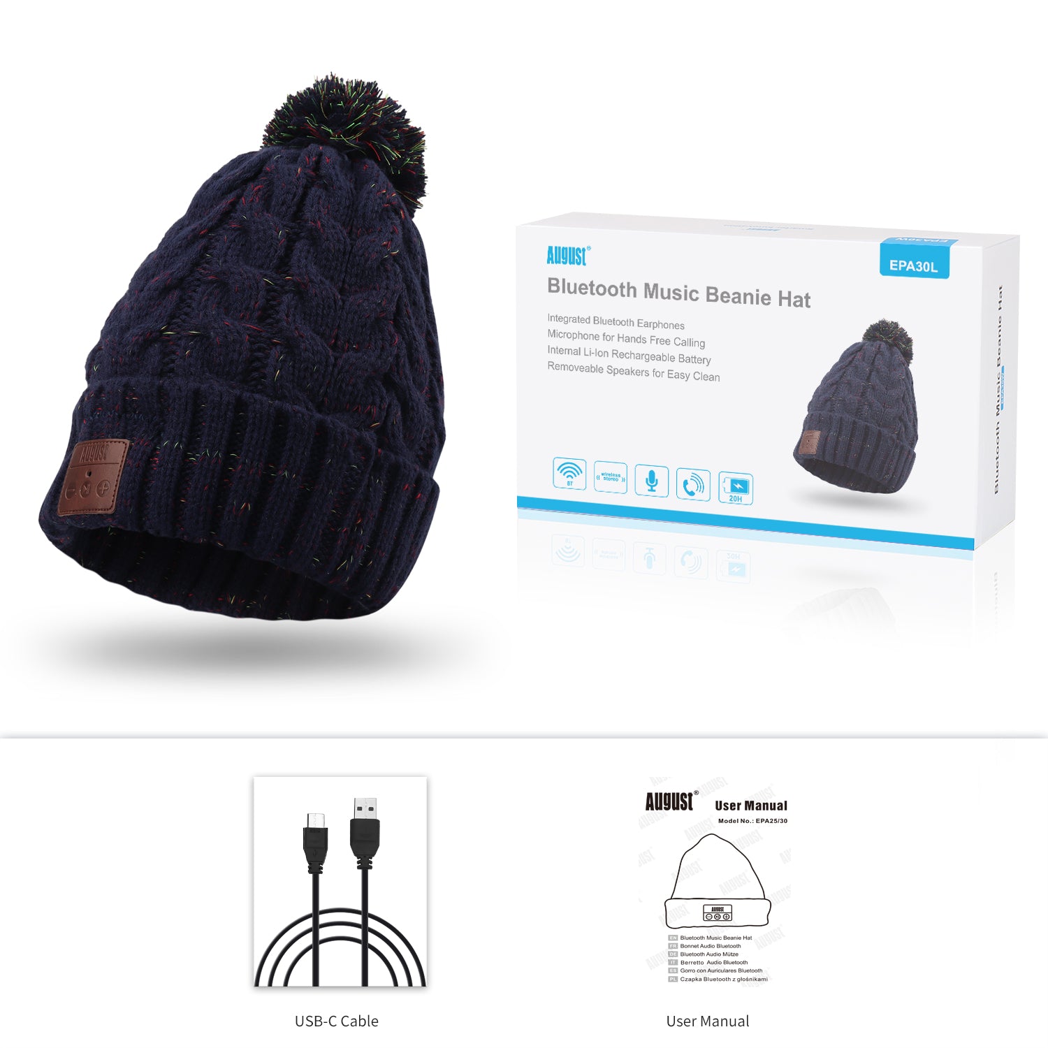 Bluetooth Pom Pom Winter Beanie Hat - 20 Hours Playtime, Soft Synthetic Wool, EPA30 Certified - Perfect for Skiing, Snowboarding & Cold Weather Activities