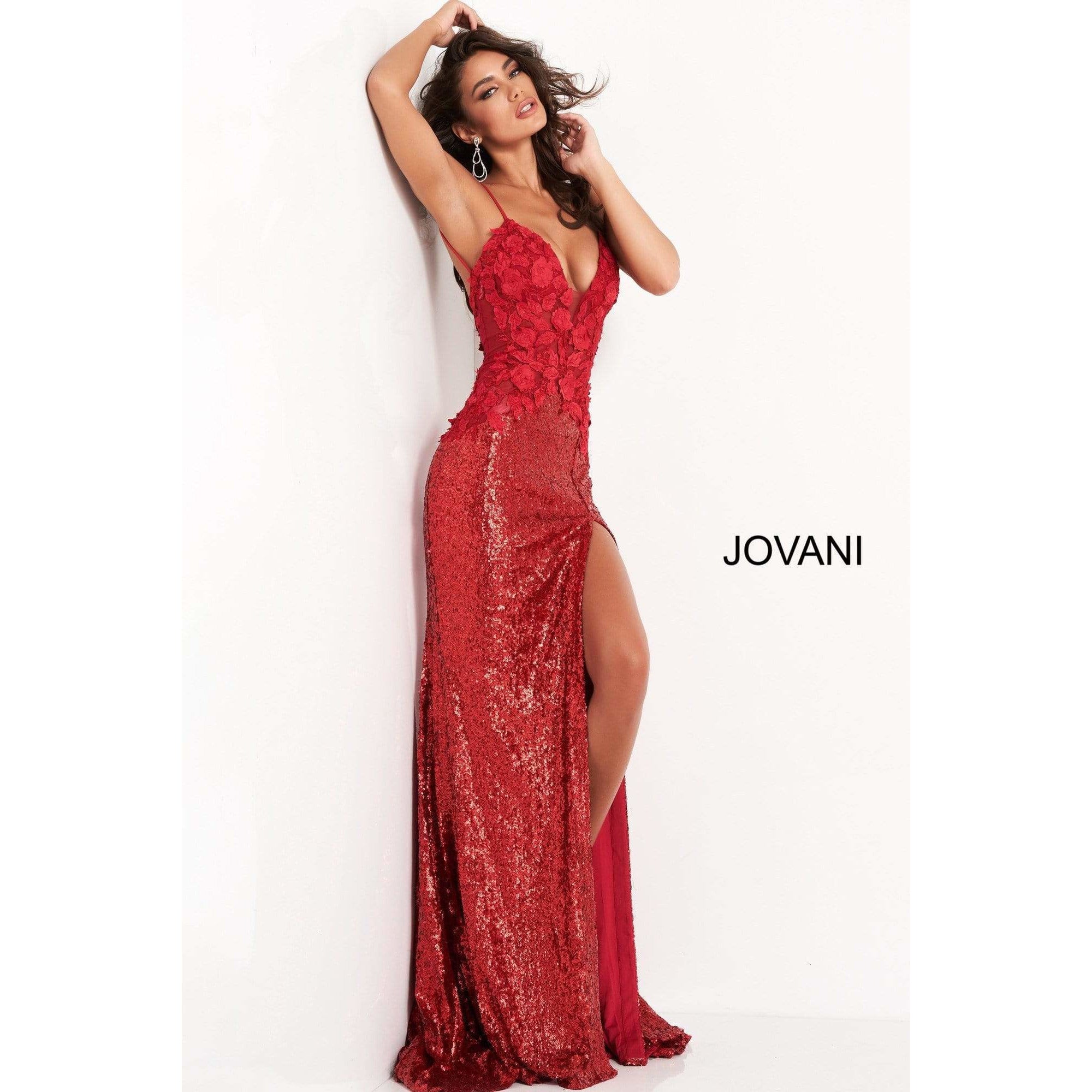 Jovani 06426 Red Floral Appliques High Slit Prom Dress - Elegant Evening Gown for Homecoming, Formal Dances & Special Occasions