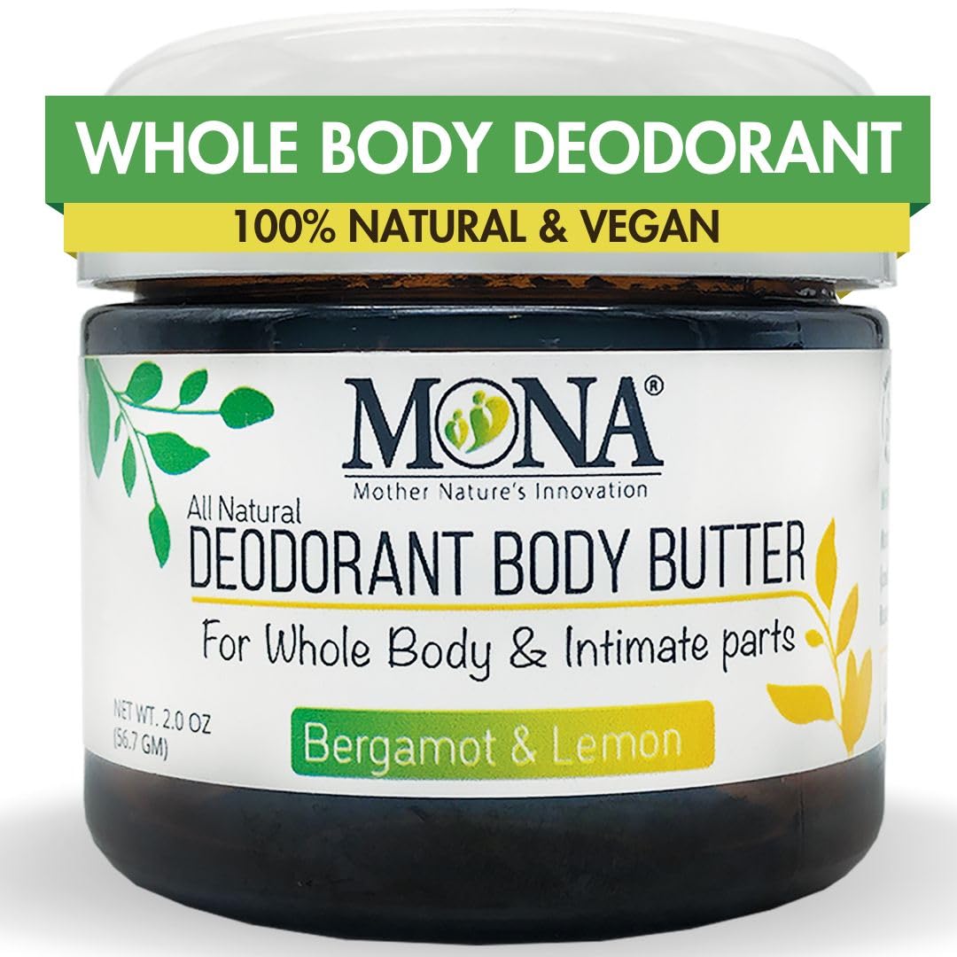 MONA All Natural Whole Body Deodorant Cream for Women & Men - Aluminum & Baking Soda Free, Bergamot & Lemon Scented | Safe for Private Parts & Sensitive Skin | 2.0 oz Travel Size | Perfect for Gym, Work & Daily Freshness