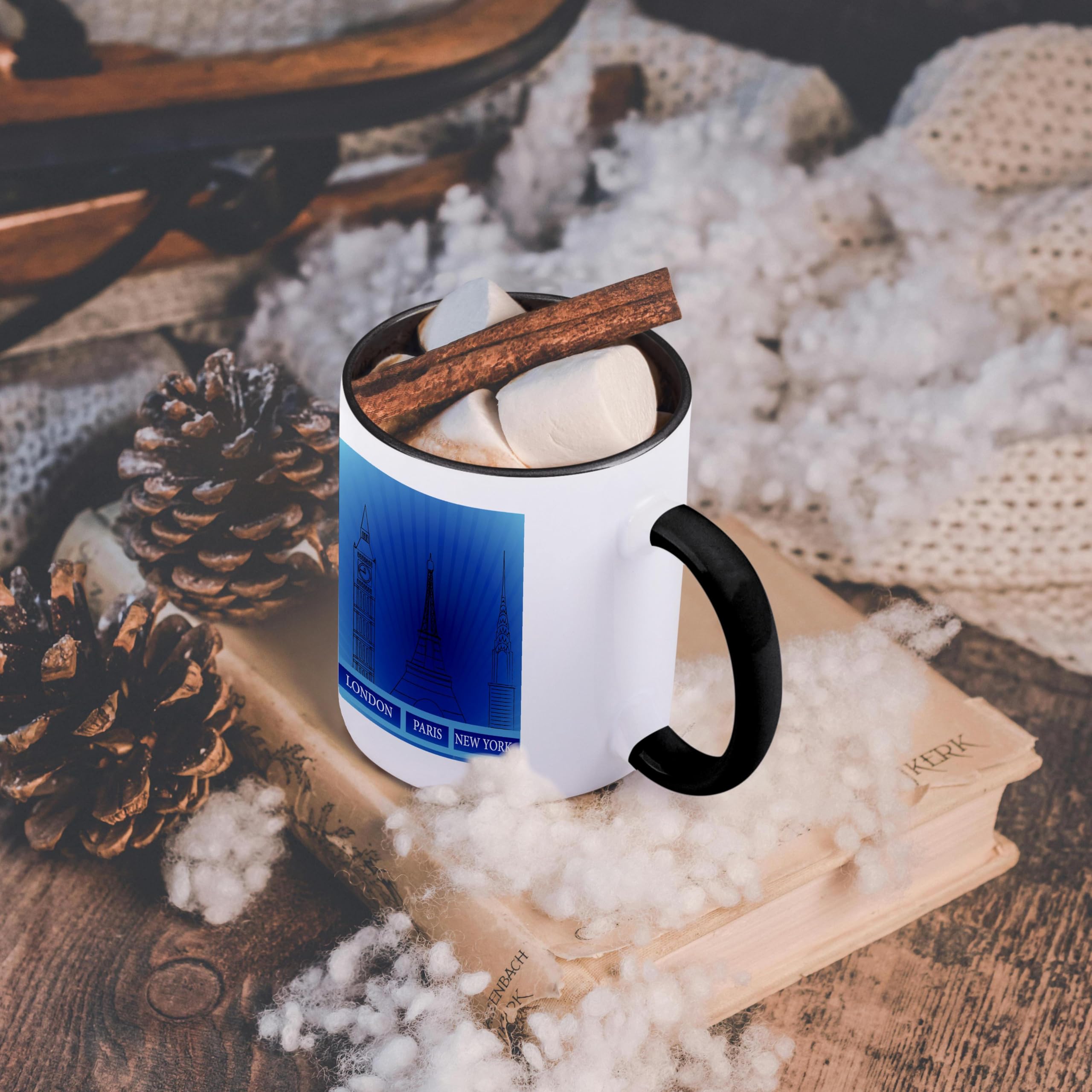 3D Rose Blue Two Tone Mug 11 oz - London, Paris, New York Historical Landmarks Design - Perfect for Coffee, Tea & Office Use - Black & White Ceramic Cup for Home or Gift