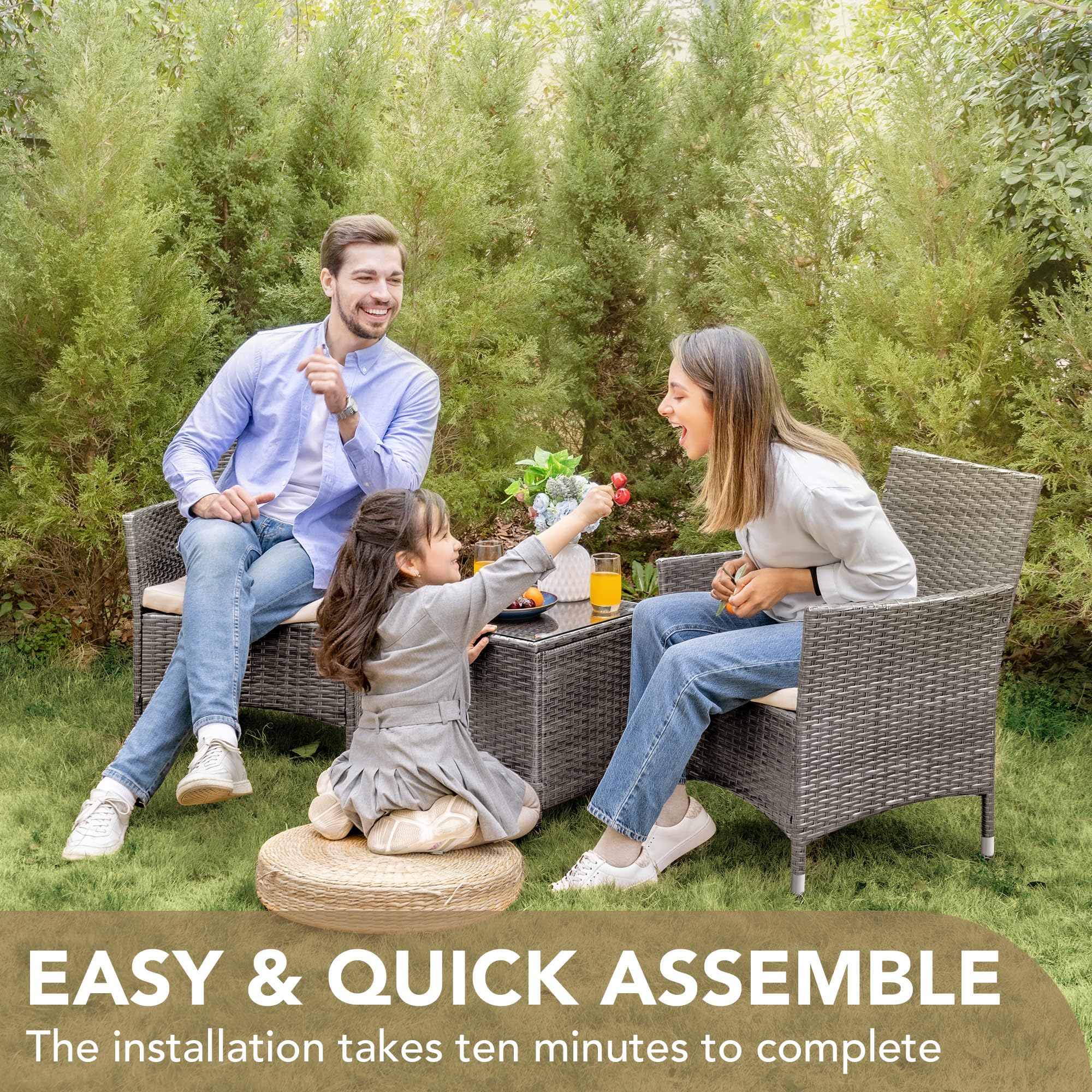 Devoko 3-Piece PE Rattan Patio Furniture Set with Table - Light Grey Wicker Chairs for Outdoor, Garden, Porch - Perfect for Backyard Relaxation & Entertaining Guests
