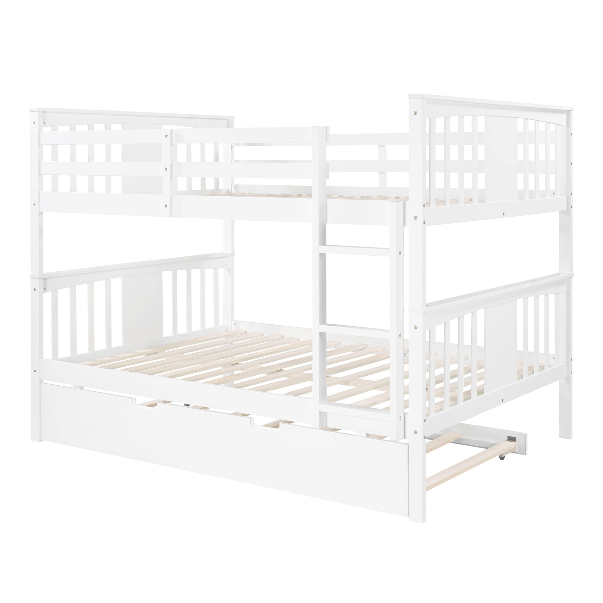 Harper & Bright Designs Full Over Full Bunk Bed with Trundle - Solid Wood Bunk Bed Frame with Ladder - Space-Saving Kids Bedroom Furniture (White) - Perfect for Shared Kids Rooms, Guest Rooms & Small Spaces