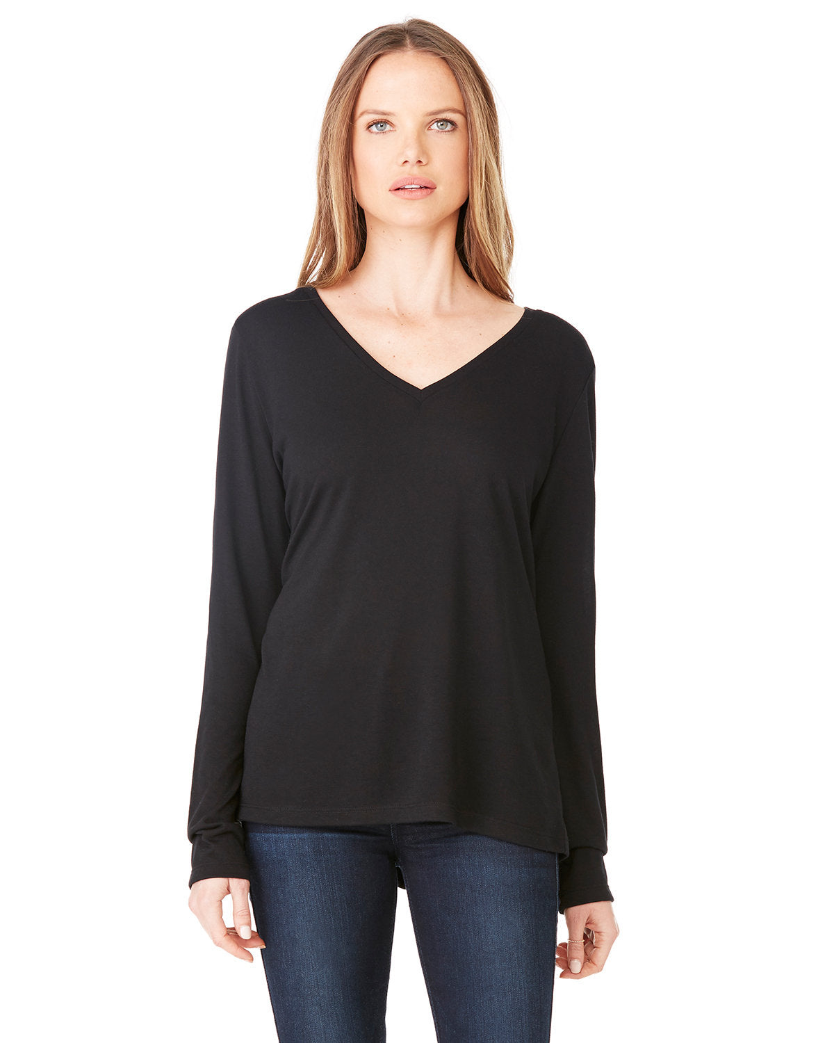 Bella + Canvas 8855 Women's Flowy Long Sleeve V-Neck T-Shirt - Soft & Comfortable Casual Top for Everyday Wear, Layering, and Lounge Outfits
