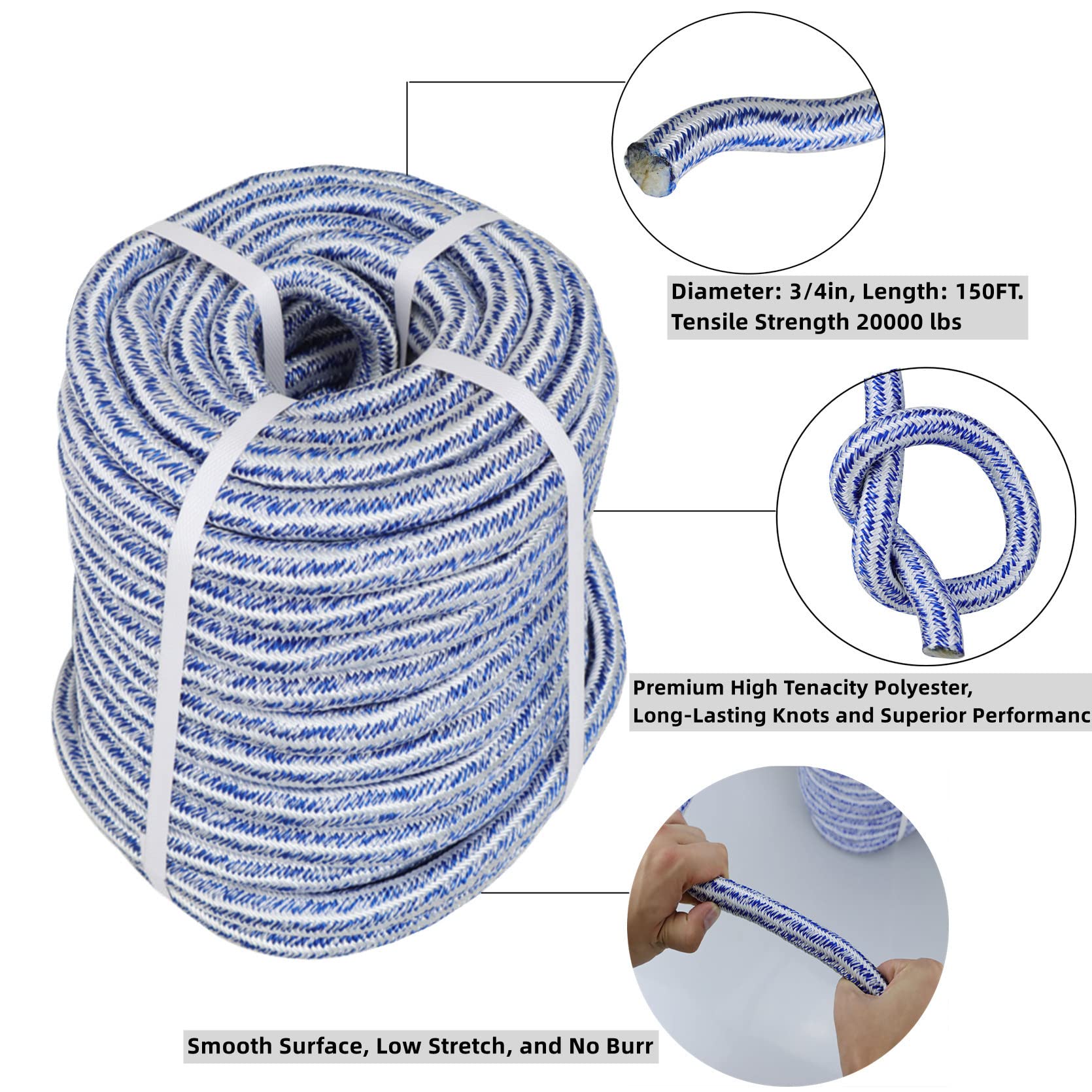 3/4 Inch x 150 Feet Double Braid Polyester Rope - 20,000 lbs Breaking Strength - Heavy Duty Pulling Rope for Tree Work, Camping, Swings, Towing & Marine Use - Blue & White Color - Outdoor & Industrial Applications