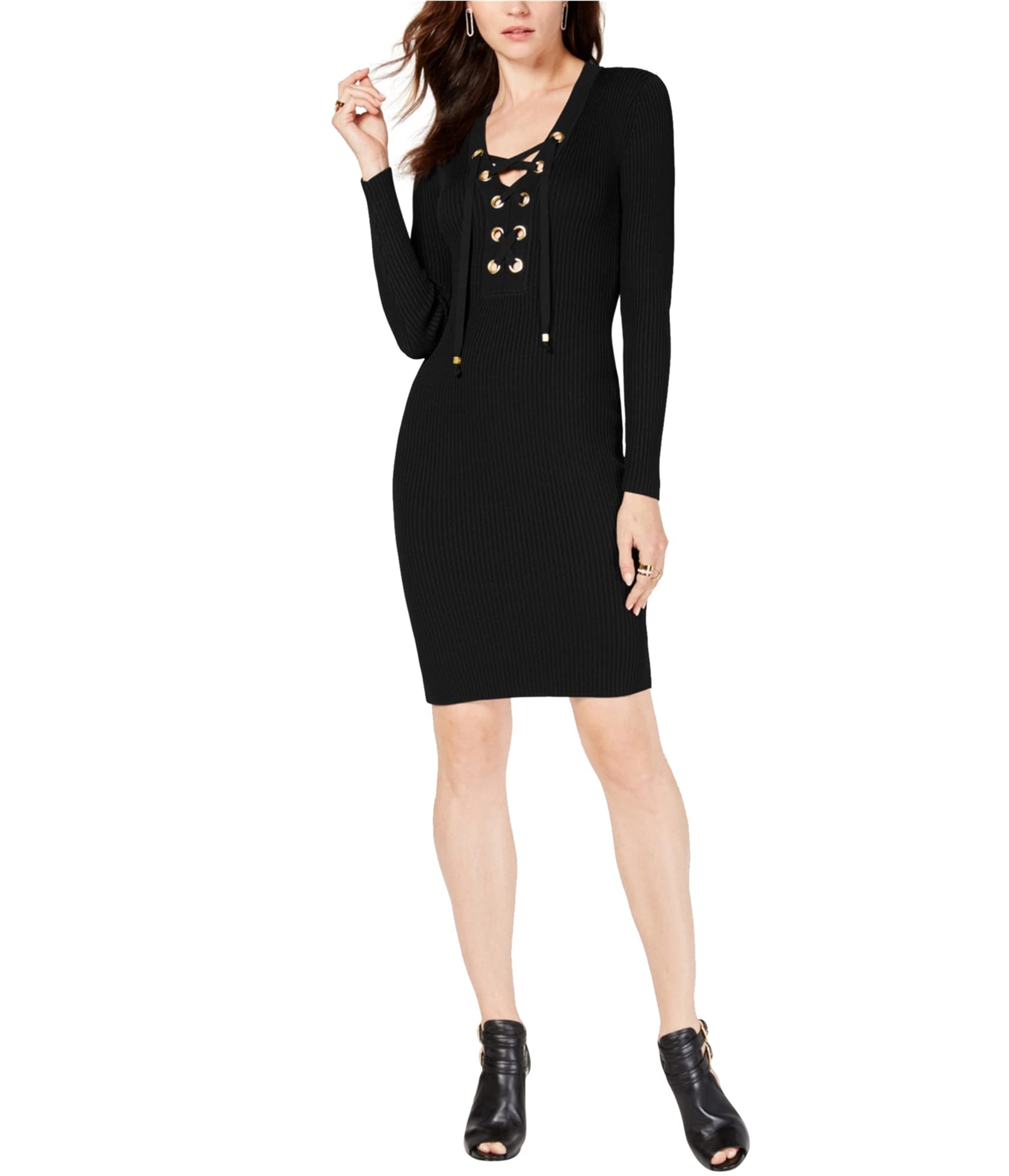 Michael Kors Women's Gold Accent Sweater Dress - Elegant Knit Dress for Fall & Winter, Perfect for Office, Party & Holiday Outfits