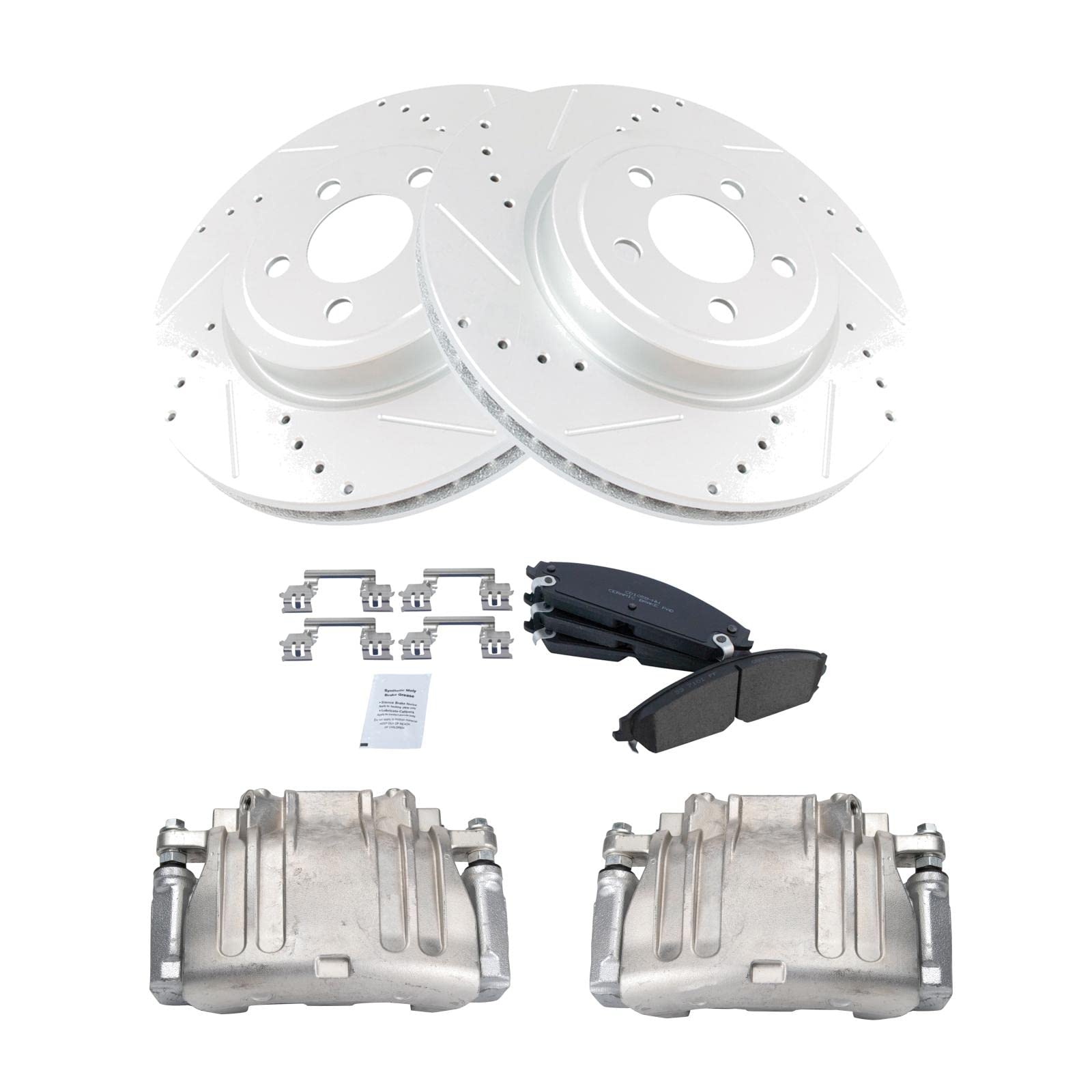 TRQ Front Brake Calipers with Ceramic Pads & Drilled Rotors - Compatible with Dodge Challenger & Charger 300 (2005-2023) | High Performance Braking System for Street Racing & Daily Driving