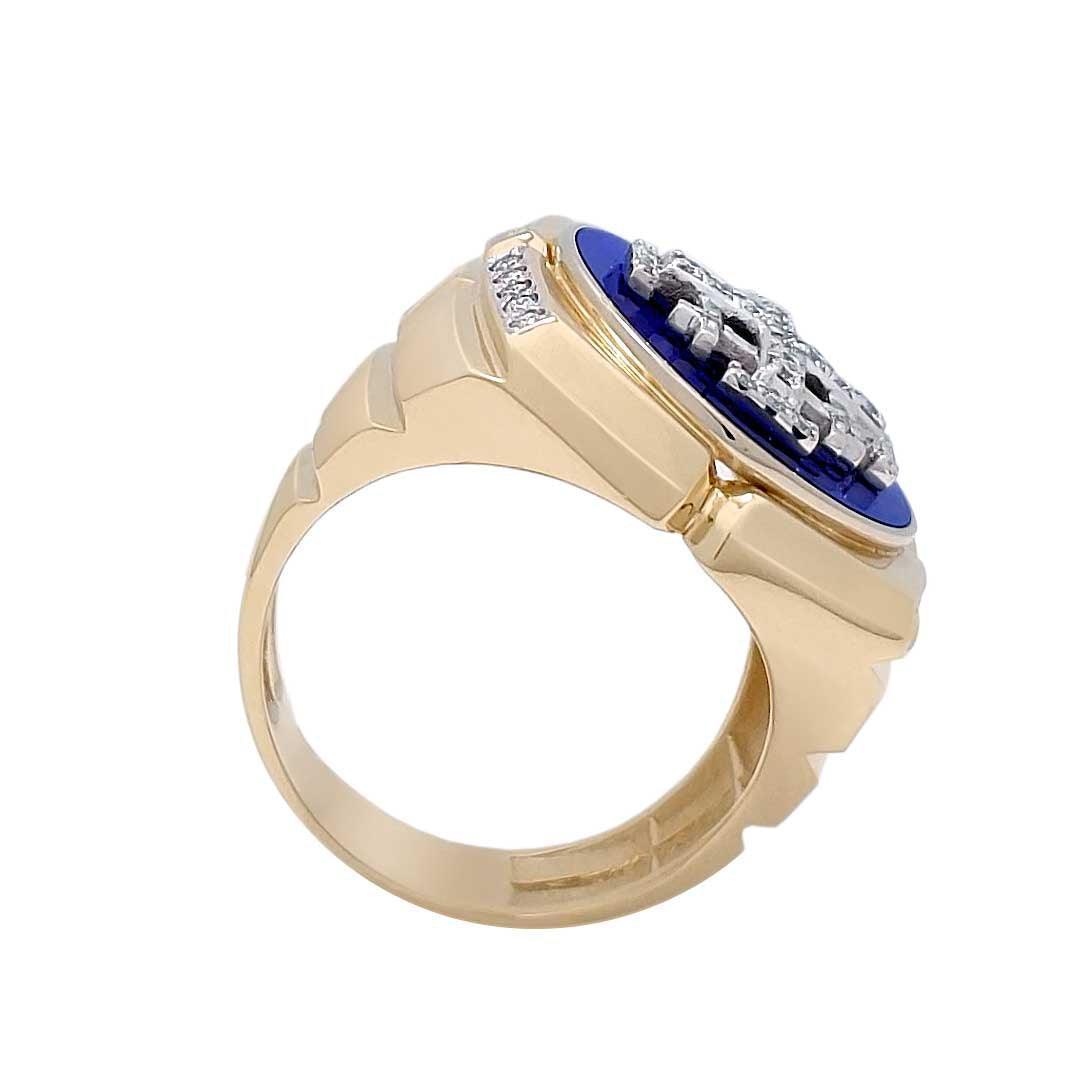 14K Gold Square Men's Christian Signet Ring with 49 Diamonds & Blue Enamel - Religious Jewelry for Baptism, Wedding & Gifts