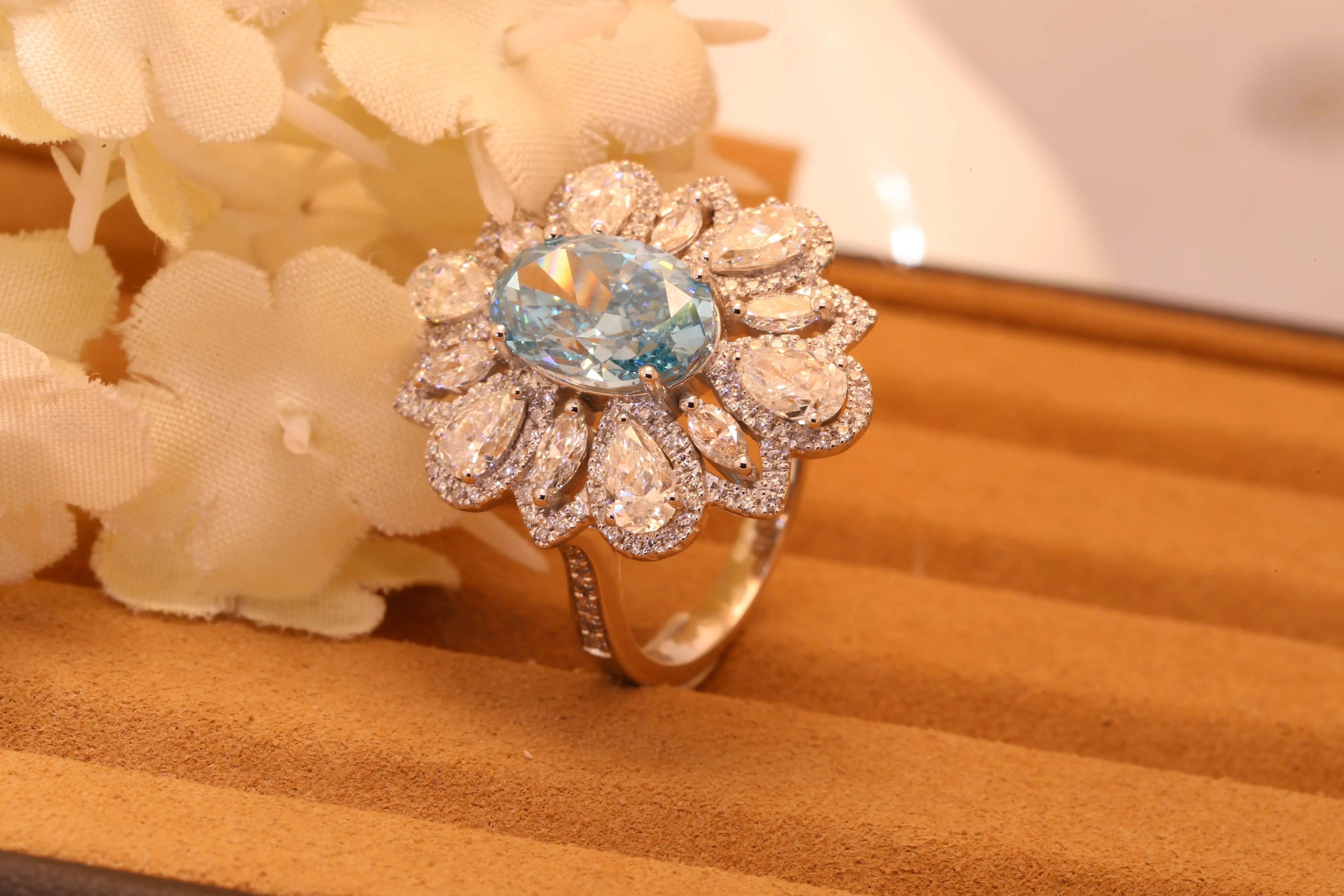 IGI Certified 14k Gold 3.19CT Fancy Intense Greenish Blue CVD Lab Grown Diamond Flower Shape Oval Cut Ring for Women - Perfect for Engagement, Anniversary & Special Occasion Jewelry