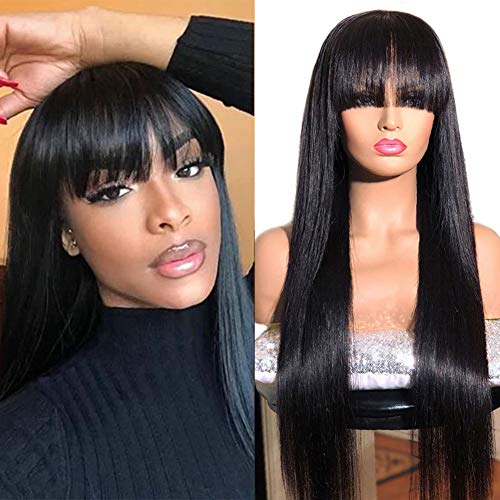 ELIANA Silky Straight Brazilian Virgin Human Hair Wig with Bangs - Glueless None Lace Front Machine Made Wig for Black Women (130% Density, Natural Black, 24 Inch) | Perfect for Daily Wear, Cosplay & Special Occasions